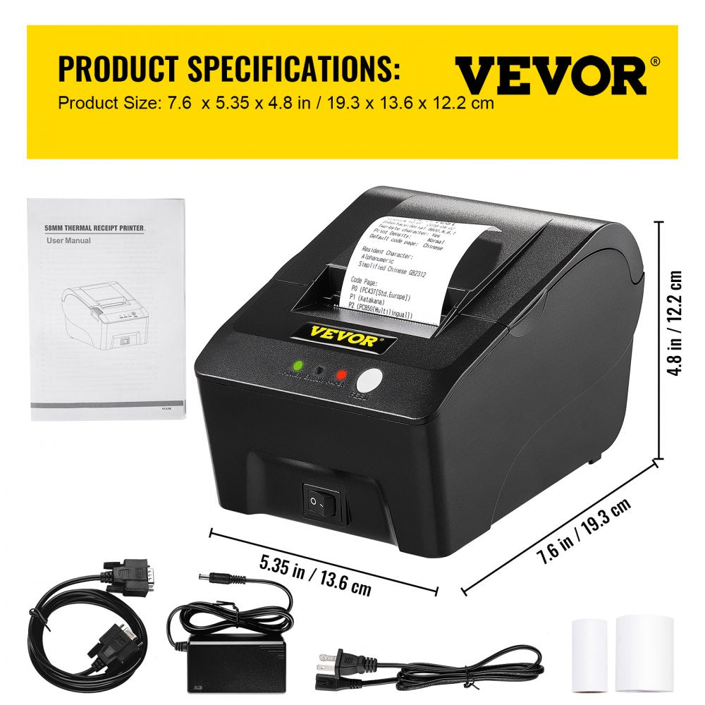 VEVOR Printer Receipt, 58mm Thermal Printer, ESC/POS Command Thermal Receipt Printer, Portable for Bank, Supermarket, Office, Restaurant Support Win 2003/XP/7/8/10 & Cashbox Driver
