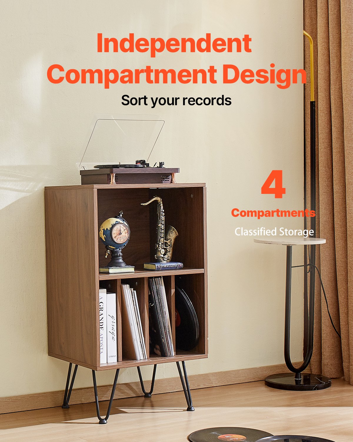 VEVOR 3-Tier Record Player Stand Metal Vinyl Record Stand up to 150 Album Brown