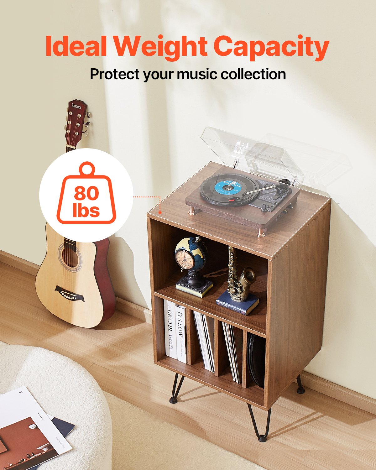 VEVOR 3-Tier Record Player Stand Metal Vinyl Record Stand up to 150 Album Brown