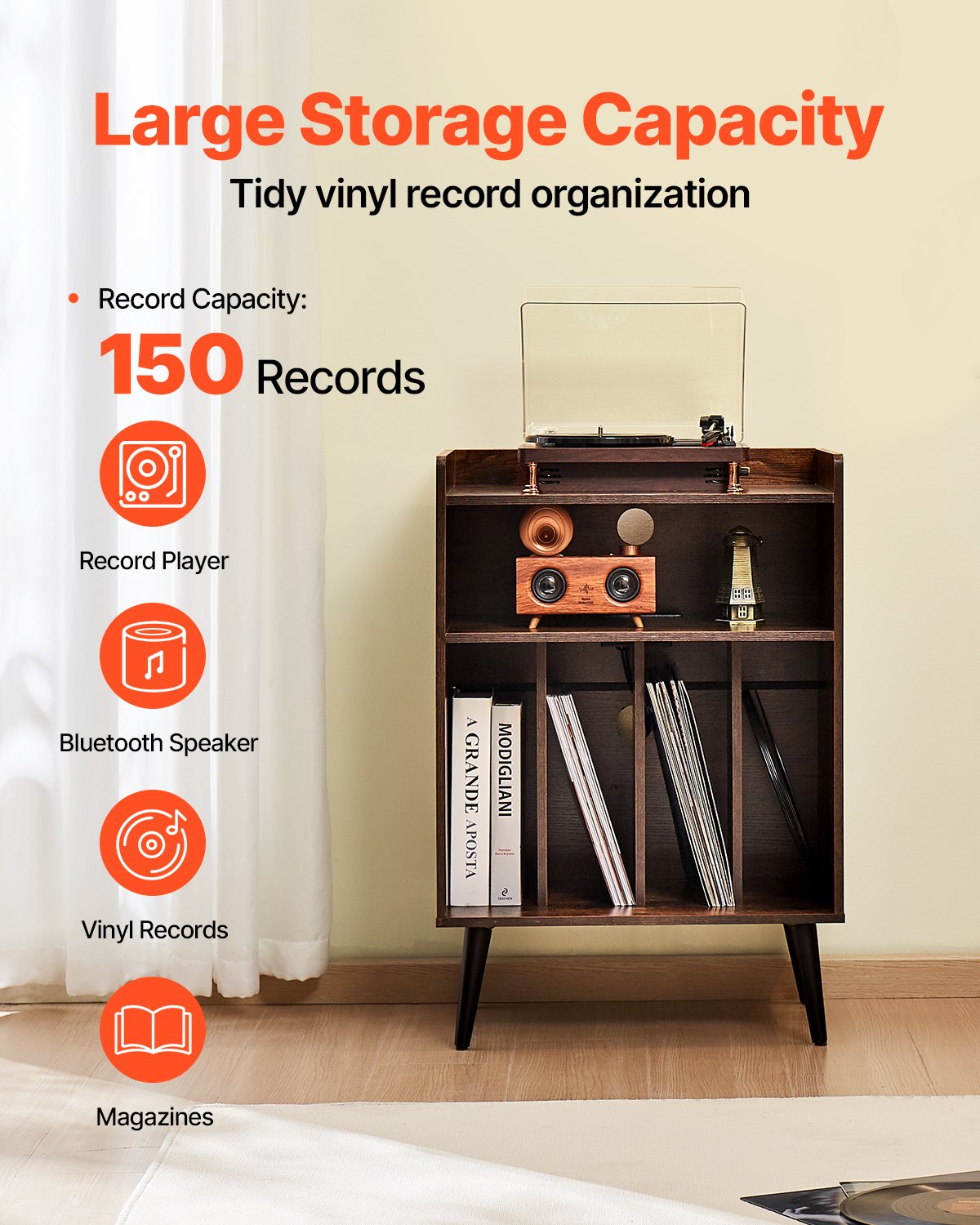 VEVOR 3-Tier Record Player with LED Light & USB Ports Wooden Vinyl Shelf Brown