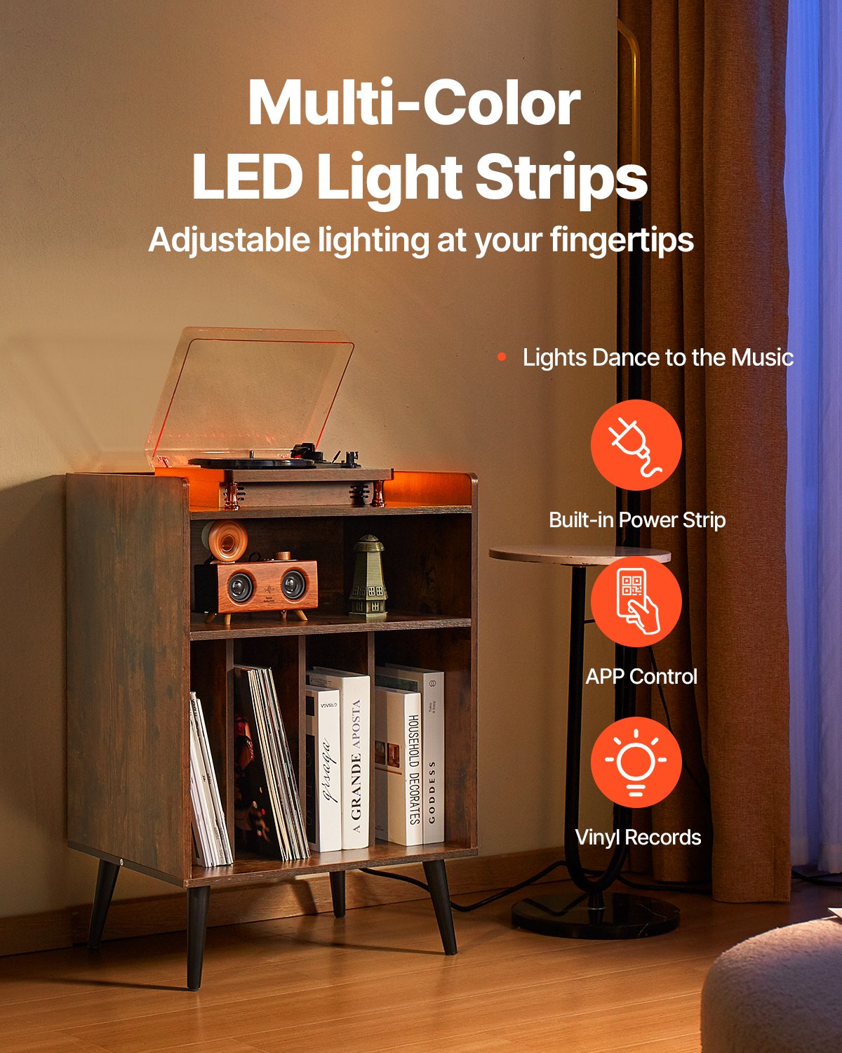 VEVOR 3-Tier Record Player with LED Light & USB Ports Wooden Vinyl Shelf Brown