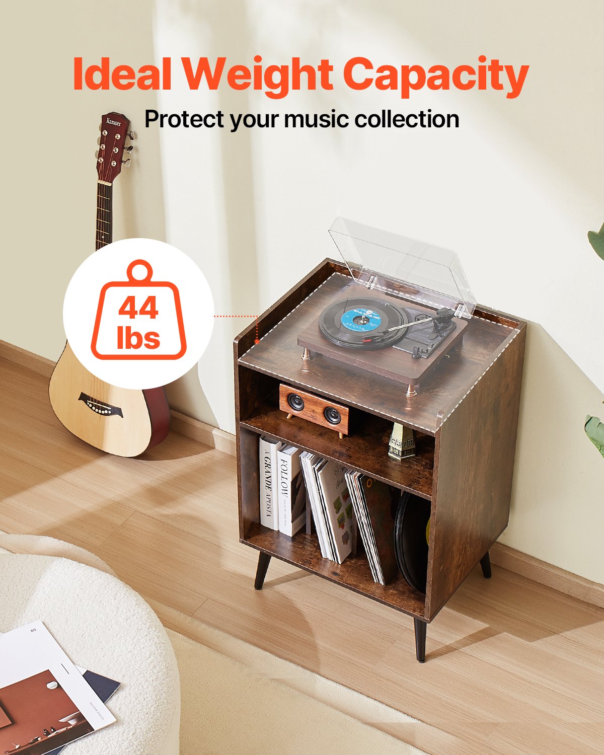 VEVOR 3-Tier Record Player with LED Light & USB Ports Wooden Vinyl Shelf Brown