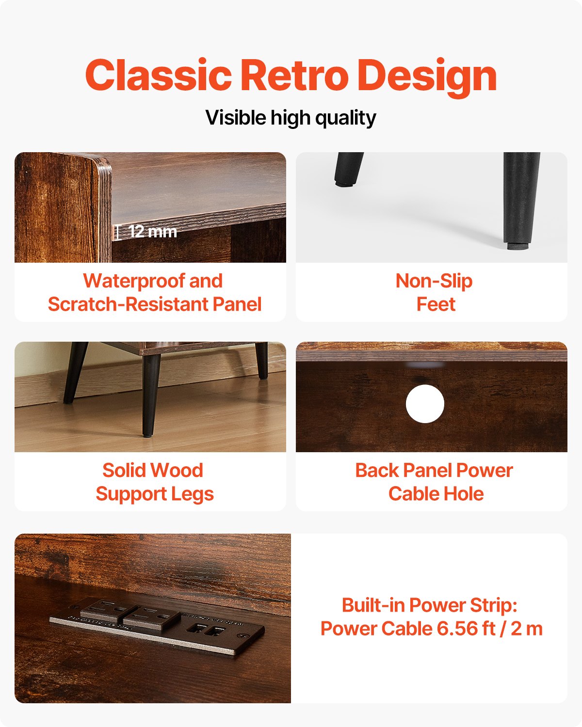 VEVOR 3-Tier Record Player with LED Light & USB Ports Wooden Vinyl Shelf Brown