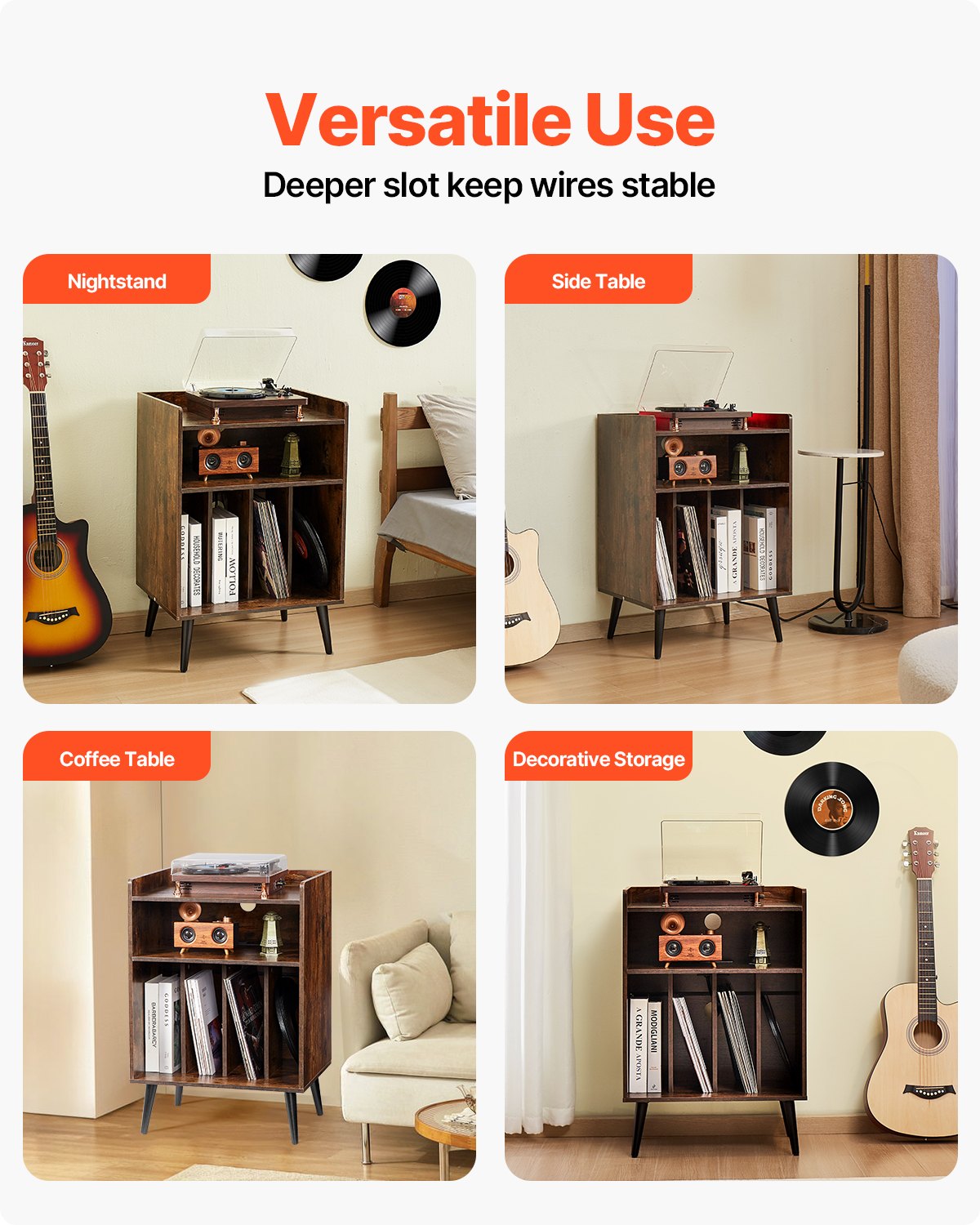 VEVOR 3-Tier Record Player with LED Light & USB Ports Wooden Vinyl Shelf Brown