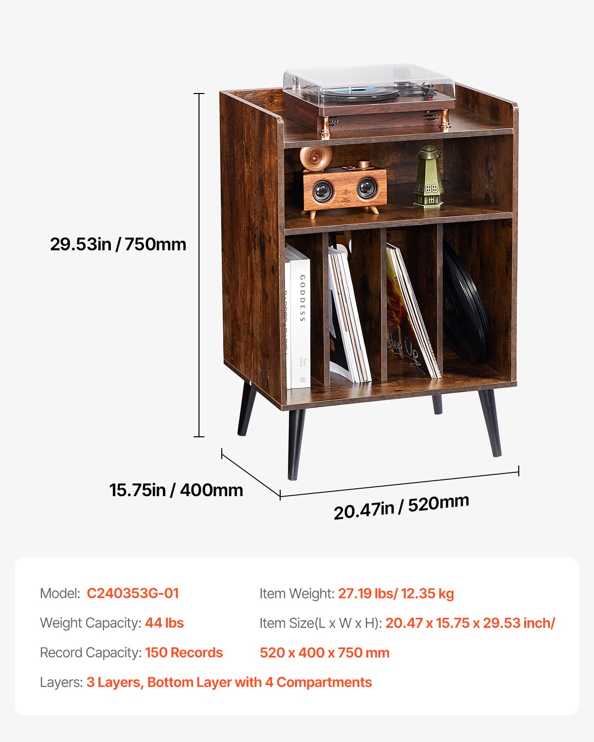 VEVOR 3-Tier Record Player with LED Light & USB Ports Wooden Vinyl Shelf Brown