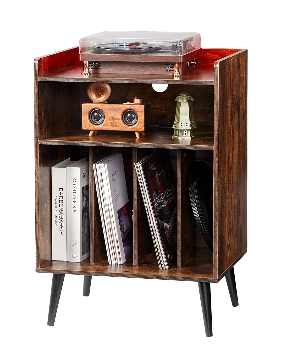 VEVOR 3-Tier Record Player with LED Light & USB Ports Wooden Vinyl Shelf Brown