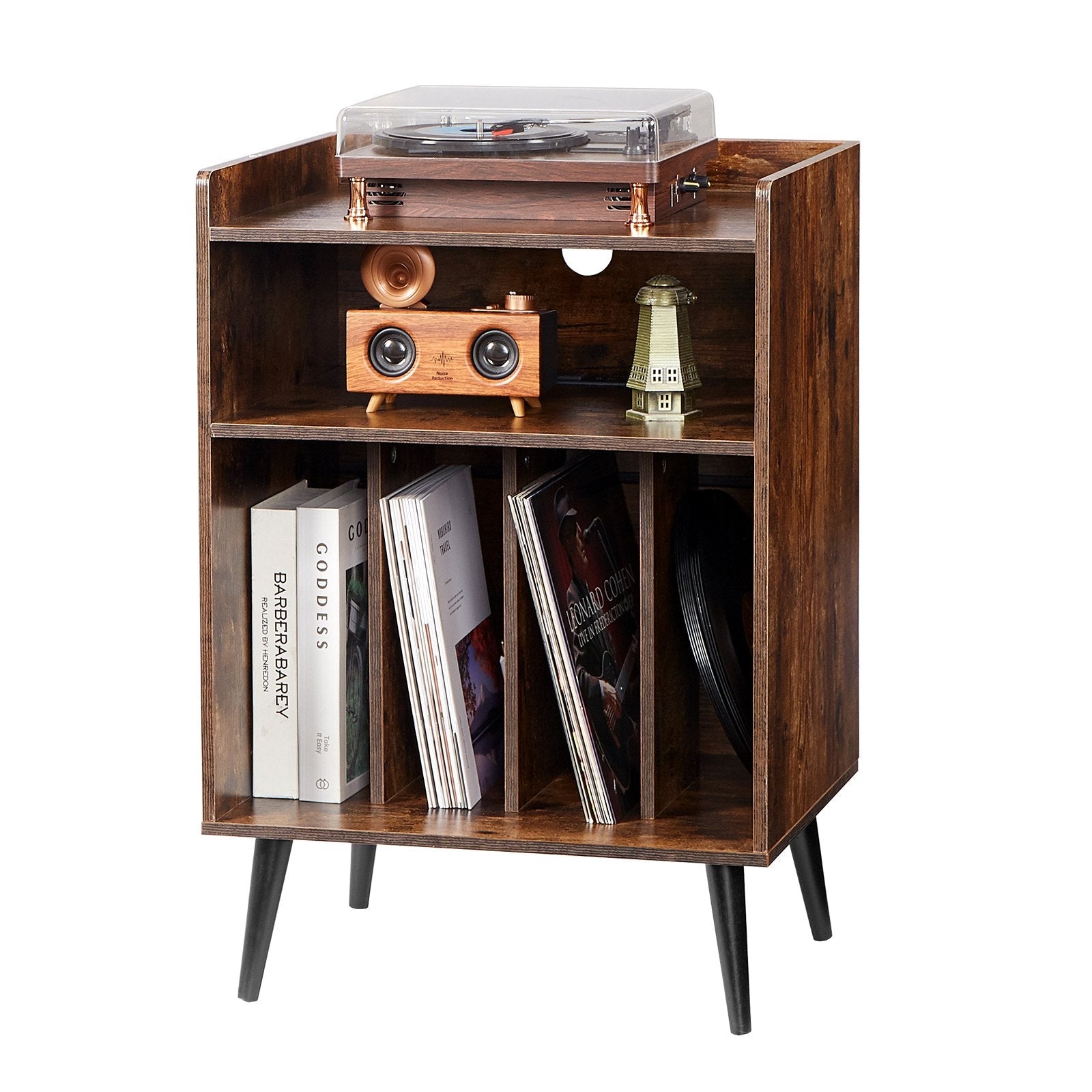 VEVOR 3-Tier Record Player with LED Light & USB Ports Wooden Vinyl Shelf Brown