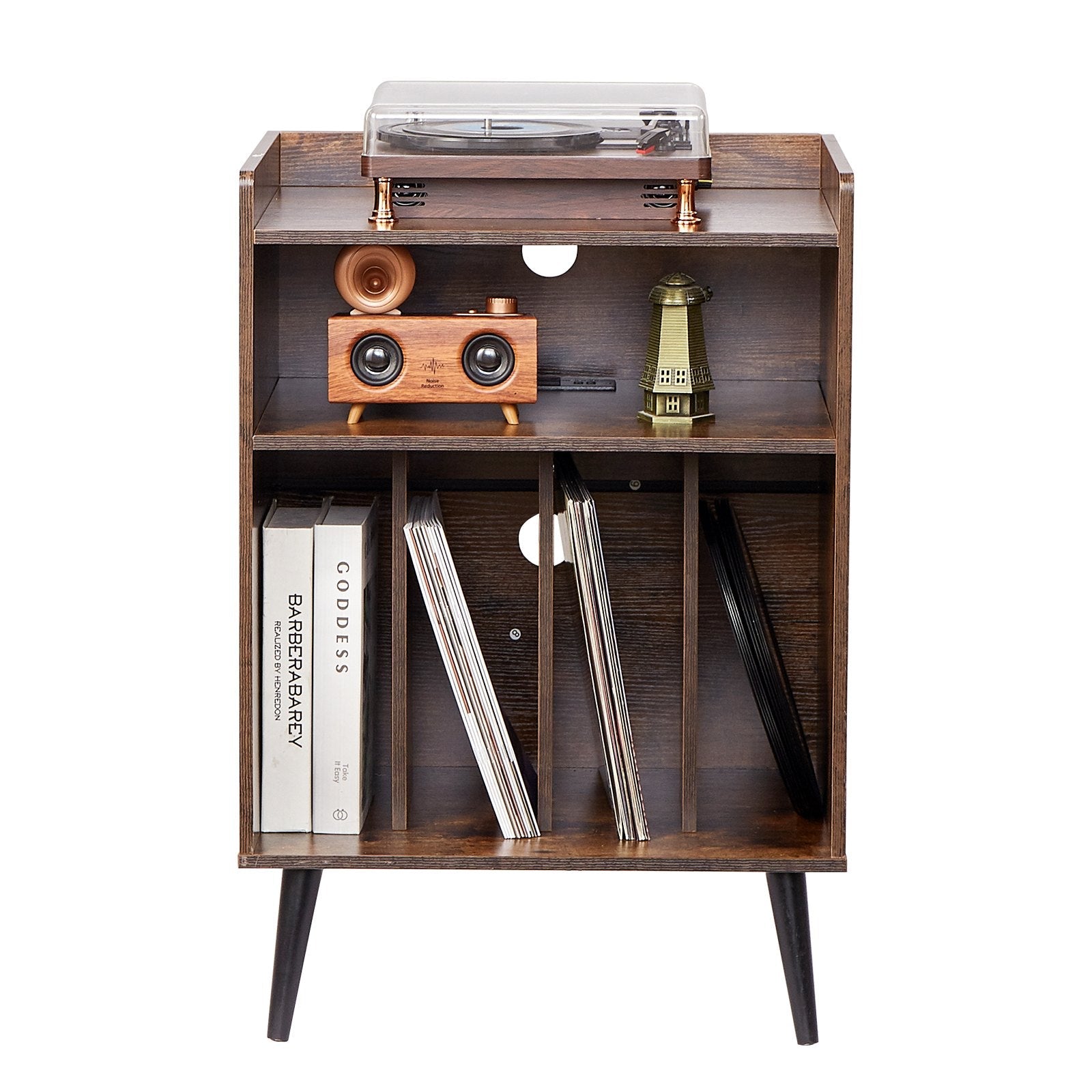 VEVOR 3-Tier Record Player with LED Light & USB Ports Wooden Vinyl Shelf Brown