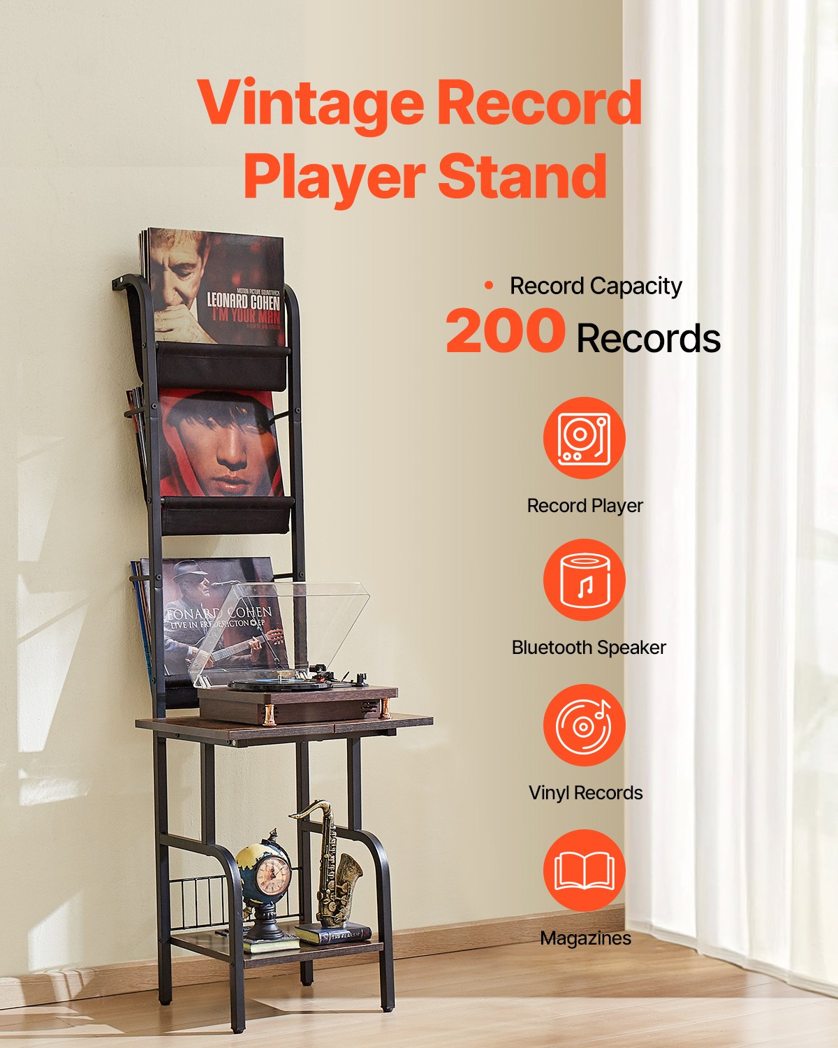 VEVOR 5 Tiers Record Player with LED Light & USB Ports Metal Vinyl Shelf Black