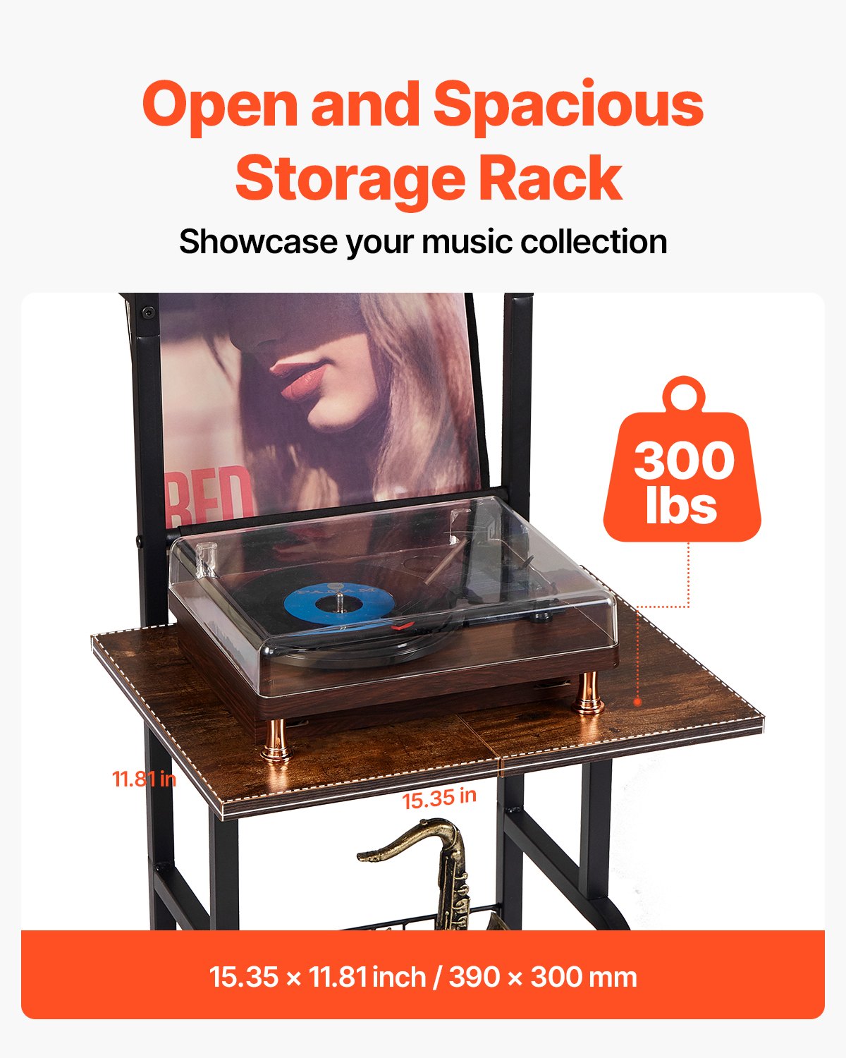 VEVOR 5 Tiers Record Player with LED Light & USB Ports Metal Vinyl Shelf Black