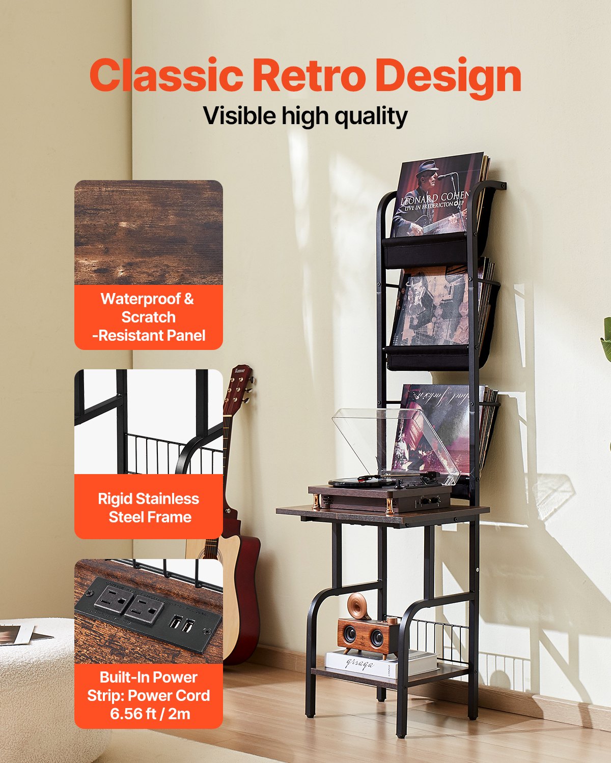 VEVOR 5 Tiers Record Player with LED Light & USB Ports Metal Vinyl Shelf Black