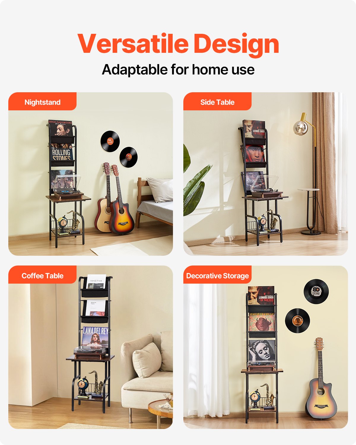 VEVOR 5 Tiers Record Player with LED Light & USB Ports Metal Vinyl Shelf Black