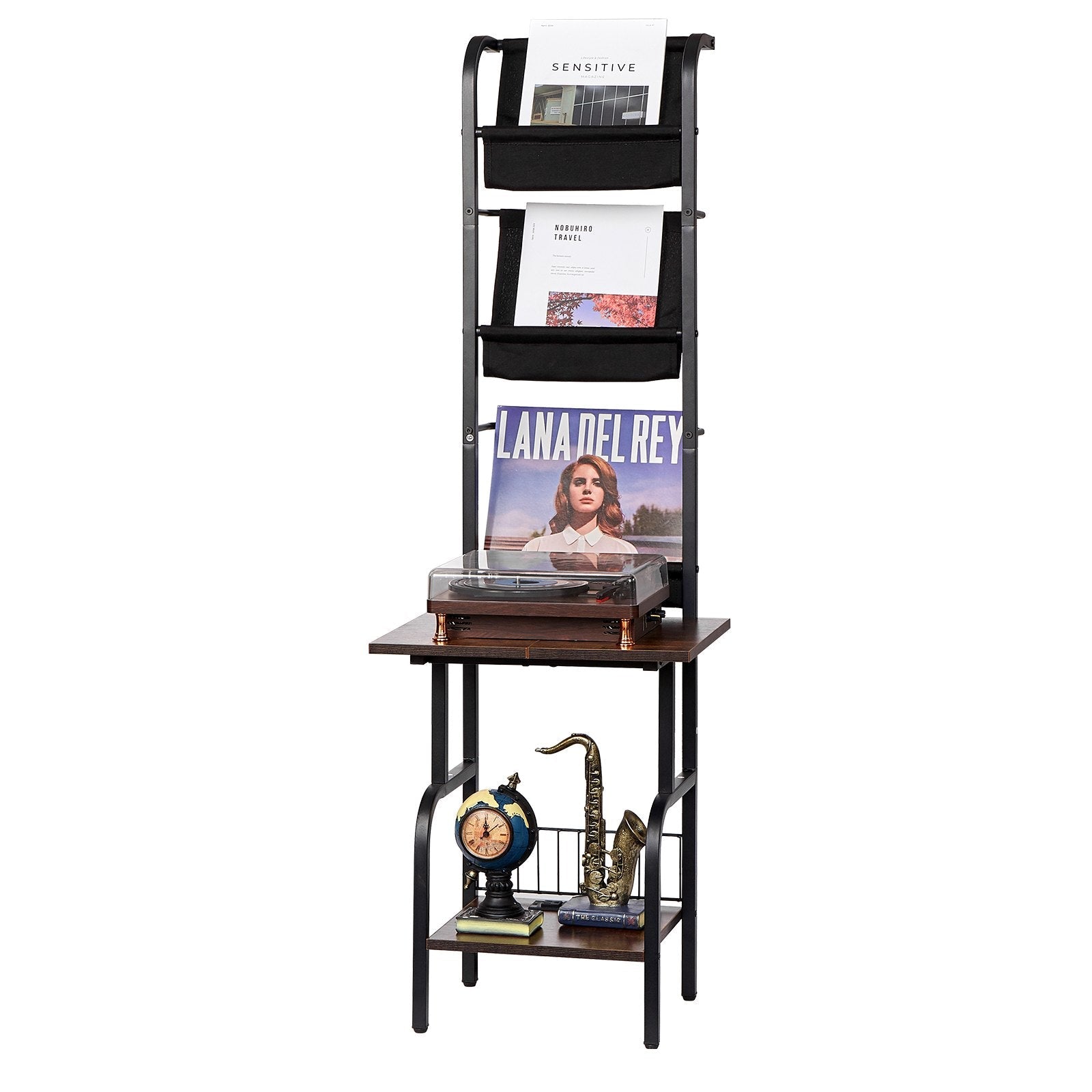 VEVOR 5 Tiers Record Player with LED Light & USB Ports Metal Vinyl Shelf Black