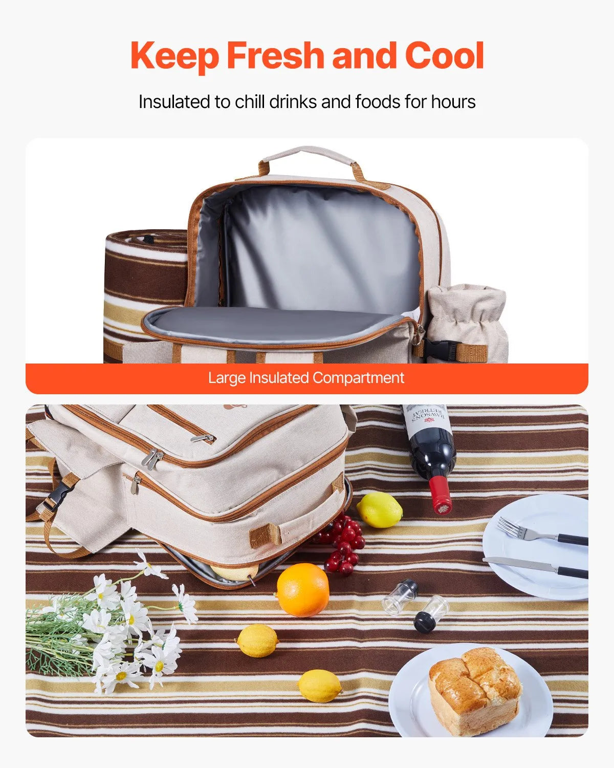 VEVOR Beach Picnic Backpack Bag for 4 Person with Cooler Compartment Blanket