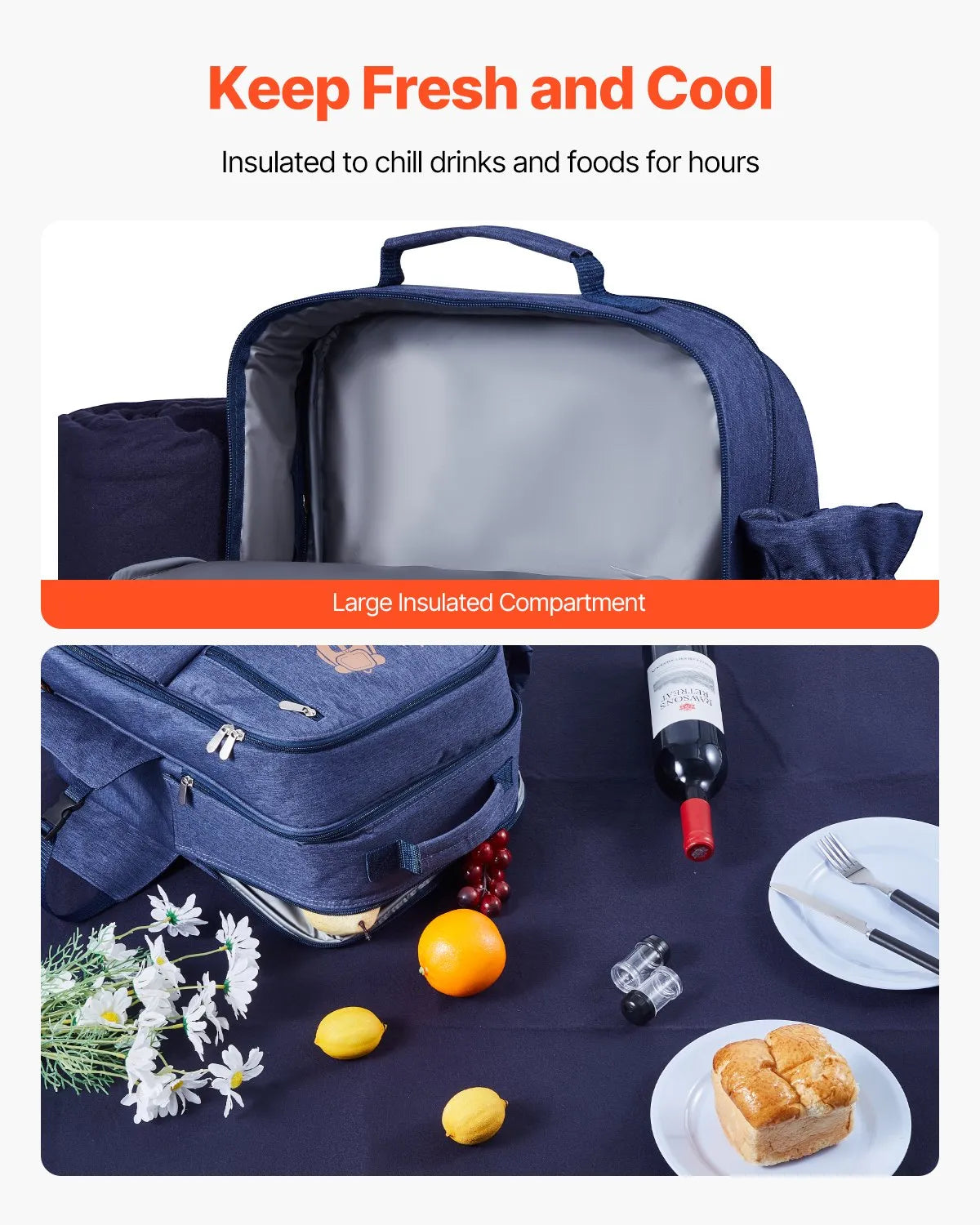 VEVOR Beach Picnic Backpack Bag for 4 Person with Cooler Compartment Navy Blue