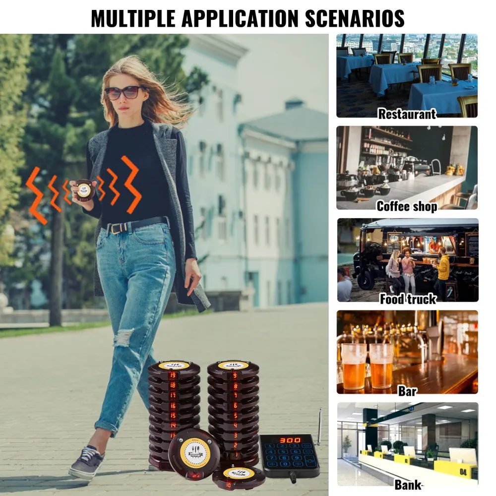 VEVOR Restaurant Pager System, Wireless 500m Long Range Lineup Waiting Queue Signal, Guest Customer Calling Beepers with Vibration & Flashing, 20 Buzzers for Food Truck, Church, Nursery, Hospital