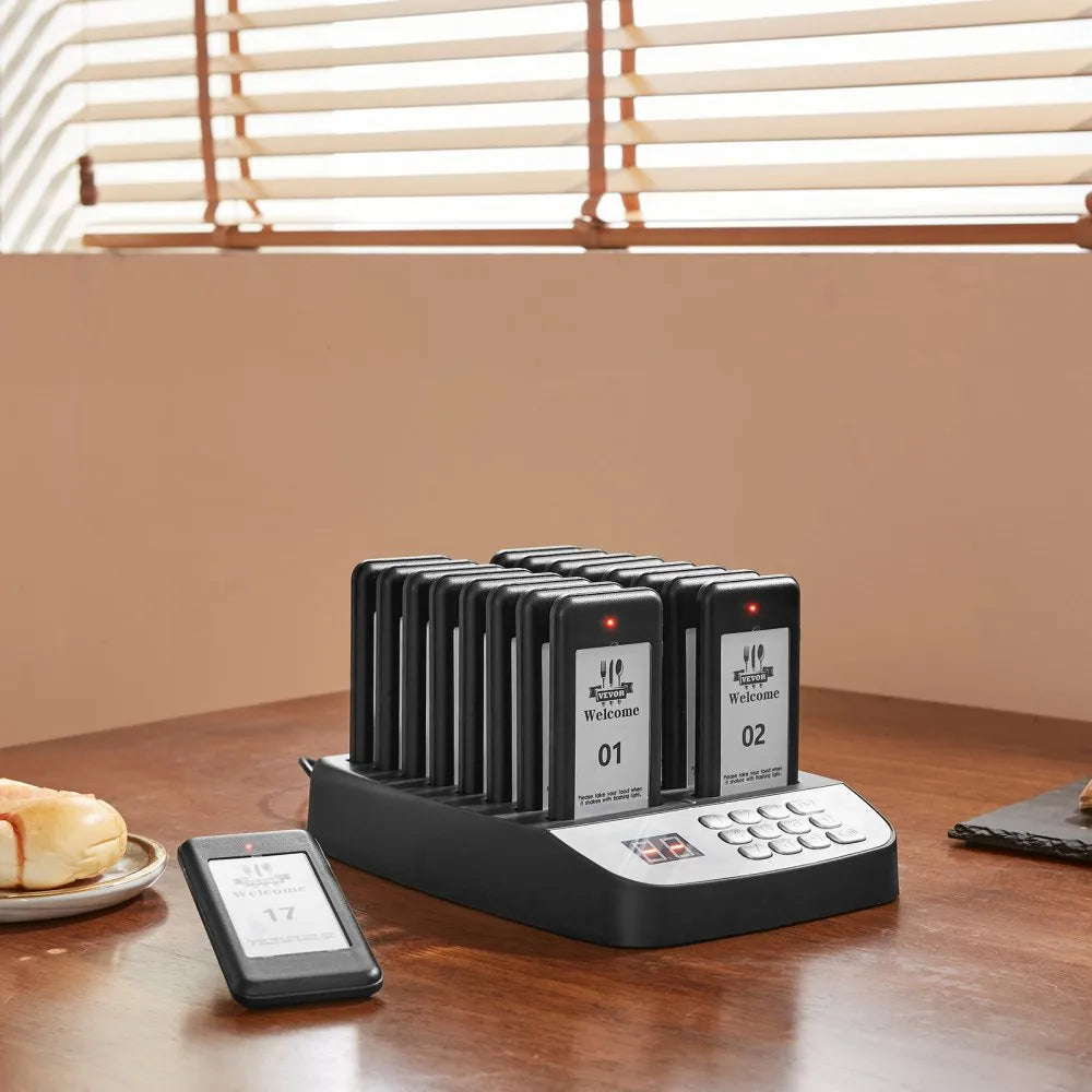 VEVOR Restaurant Pager System, Wireless 500m Long Range Lineup Waiting Queue Signal, Guest Customer Calling Beepers with Vibration & Flashing, 16 Buzzers for Food Truck, Church, Nursery, Hospital