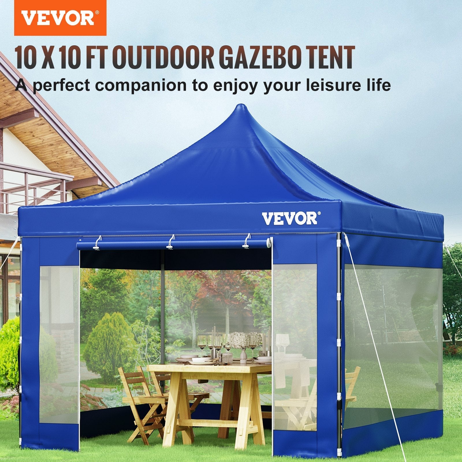 VEVOR 10x10 Pop Up Canopy Tent, Outdoor Canopy with Removable Sidewalls and Wheeled Bag, Instant Portable Shelter, UV-Resistant Waterproof Gazebo Patio Tents for Parties, Camping, Commercial, Blue