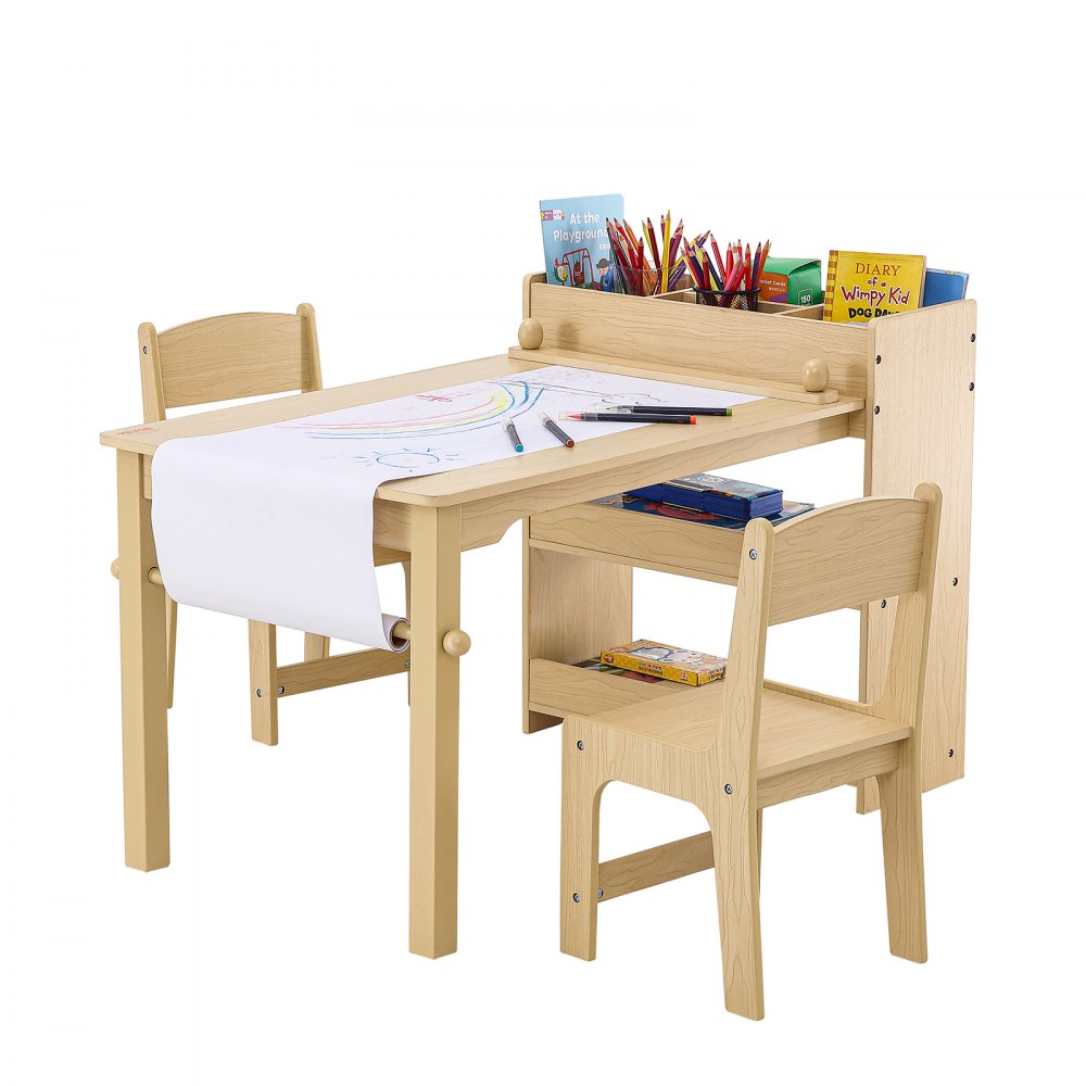 VEVOR Kids Art Table and 2 Chairs, 2-in-1 Toddler Craft and Play Activity Table, Wood Toddler Table and Chair Set with A Cabinet for Art, Craft, Reading, Learning