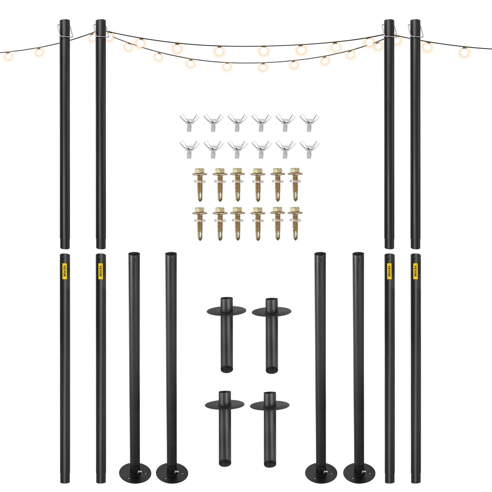 VEVOR String Light Poles, 4 Pack 10.6 FT, Outdoor Powder Coated Steel Lamp Post with Hooks to Hang Lantern and Flags, Decorate Garden, Backyard, Patio, Deck, for Party and Wedding, Black