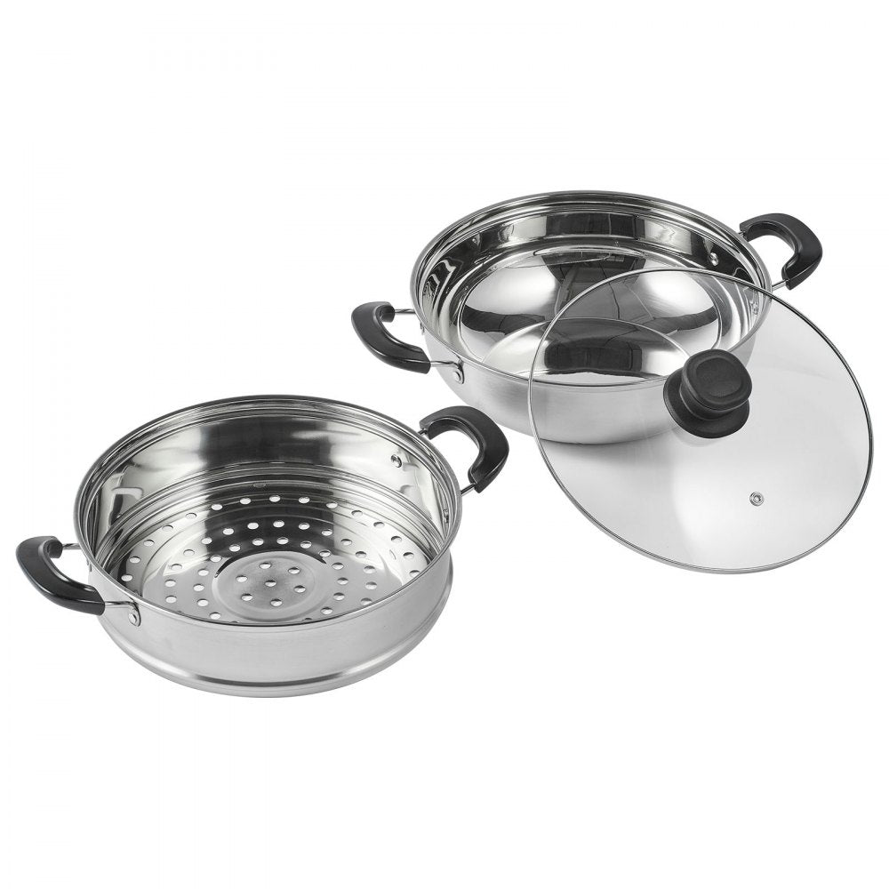 VEVOR Steamer Pot, 11in/28cm Steamer Pot for Cooking with 3QT Stock Pot and Vegetable Steamer, Food-Grade 304 Stainless Steel Food Steamer Cookware with Lid for Gas Electric Induction Grill Stove