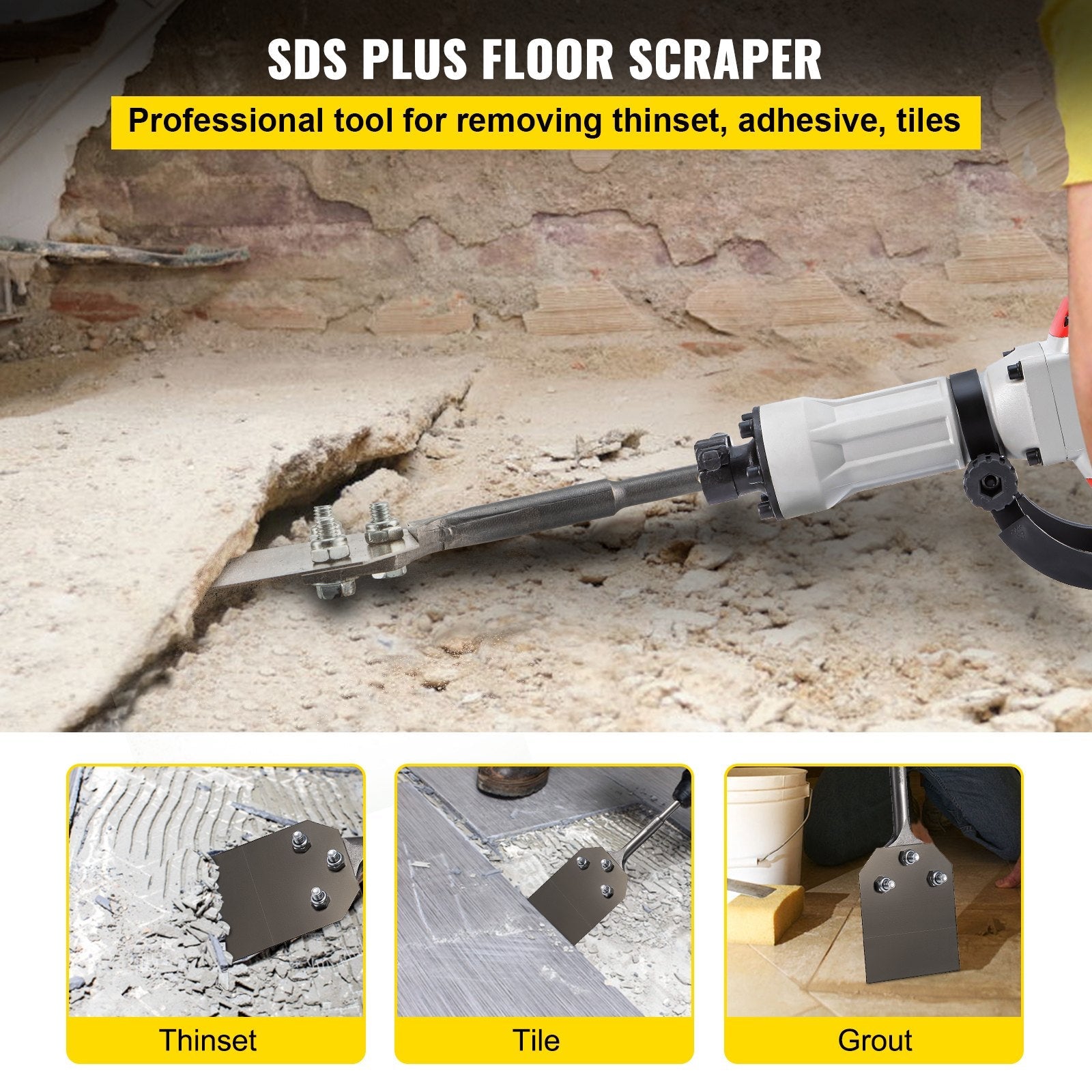 VEVOR SDS Plus Floor Scraper, 3.9" Wide Blade, 40Cr Steel 9.5" Long Handle Thinset Removal Bit with Point Chisel, Fits SDS-Plus Rotary & Chipping Hammer, for Removing Tile Grout, Adhesive Wallpaper
