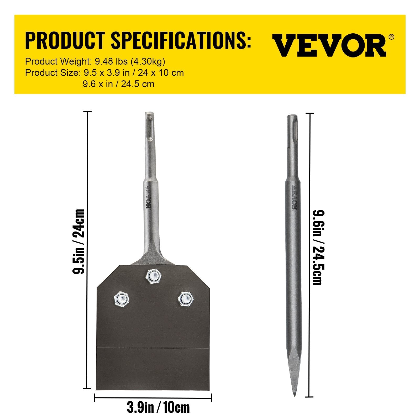 VEVOR SDS Plus Floor Scraper, 3.9" Wide Blade, 40Cr Steel 9.5" Long Handle Thinset Removal Bit with Point Chisel, Fits SDS-Plus Rotary & Chipping Hammer, for Removing Tile Grout, Adhesive Wallpaper