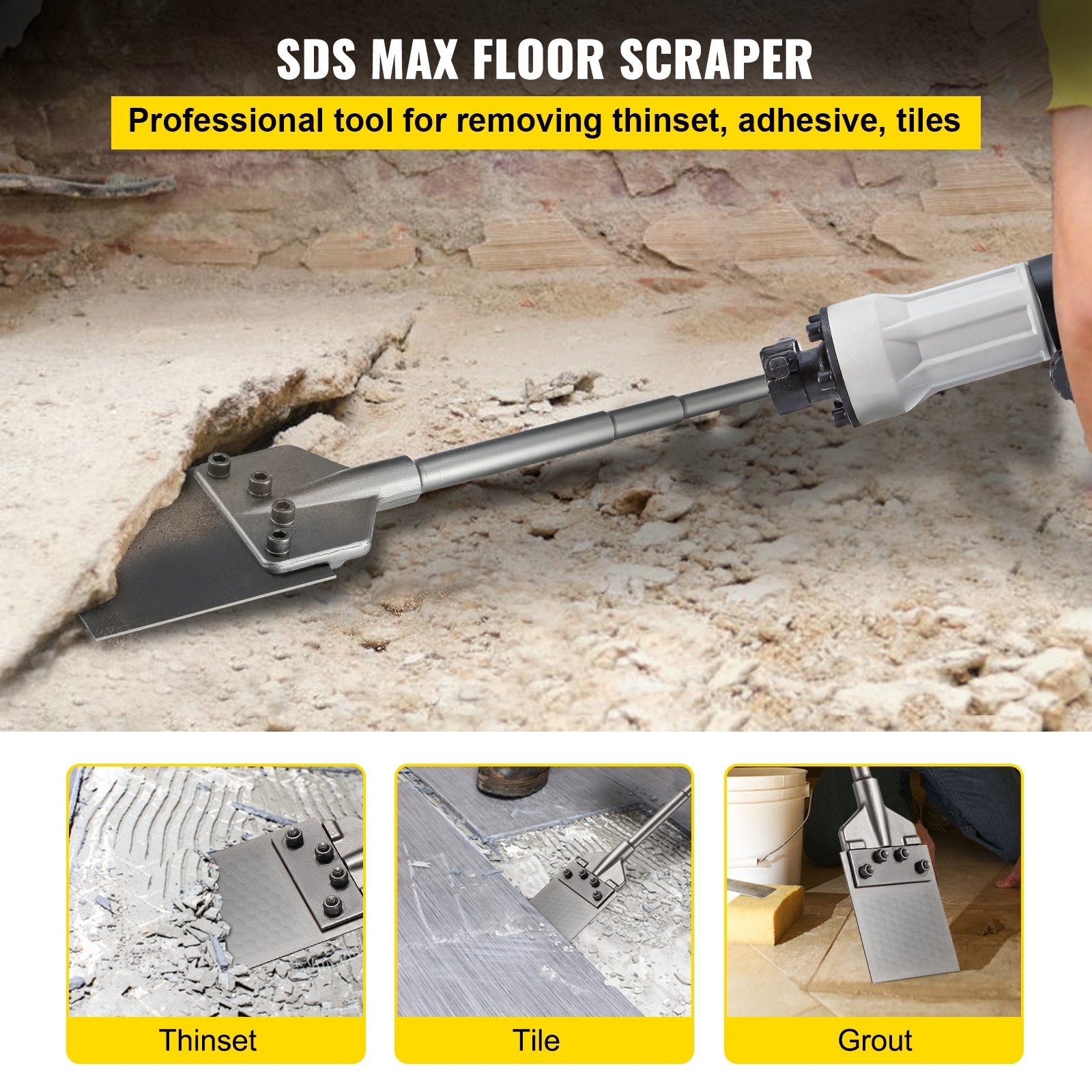 VEVOR SDS Max Floor Scraper, 5.9" Wide Blade, 40Cr Steel 24.4" Long Handle Thinset Removal Bit with Point Chisel, Fits SDS-Max Rotary & Chipping Hammer, for Removing Tile