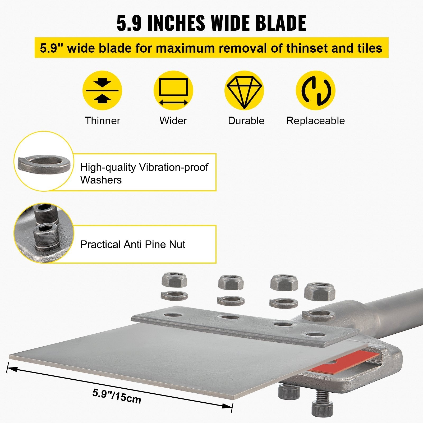 VEVOR SDS Max Floor Scraper, 5.9" Wide Blade, 40Cr Steel 24.4" Long Handle Thinset Removal Bit with Point Chisel, Fits SDS-Max Rotary & Chipping Hammer, for Removing Tile