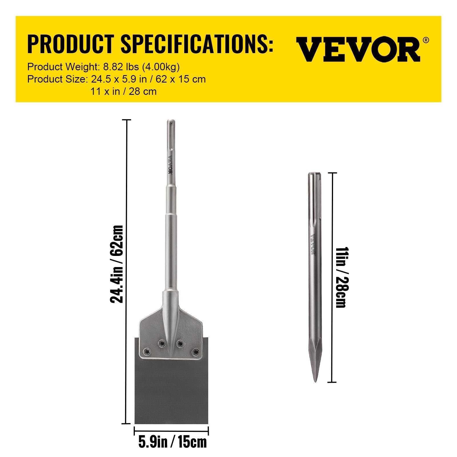 VEVOR SDS Max Floor Scraper, 5.9" Wide Blade, 40Cr Steel 24.4" Long Handle Thinset Removal Bit with Point Chisel, Fits SDS-Max Rotary & Chipping Hammer, for Removing Tile