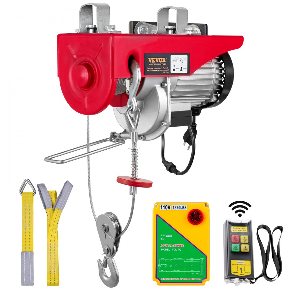 VEVOR Electric Hoist, 1320 lbs Lifting Capacity, 1150W 110V Electric Steel Wire Winch with Wireless Remote Control, 40ft Single Cable Lifting Height & Pure Copper Motor, for Garage Warehouse Factory
