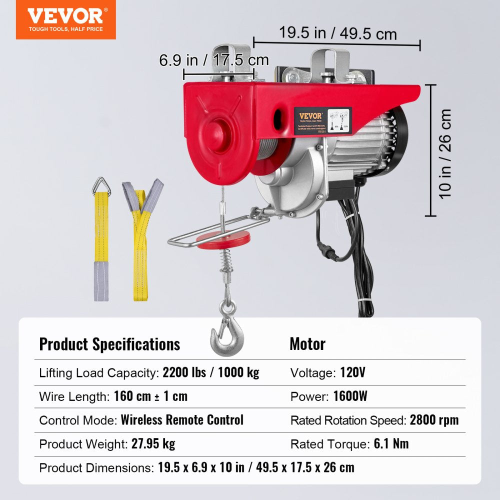 VEVOR Electric Hoist, 2200 lbs Lifting Capacity, 1600W 110V Electric Steel Wire Winch with Wireless Remote Control, 40ft Single Cable Lifting Height & Pure Copper Motor, for Garage Warehouse Factory