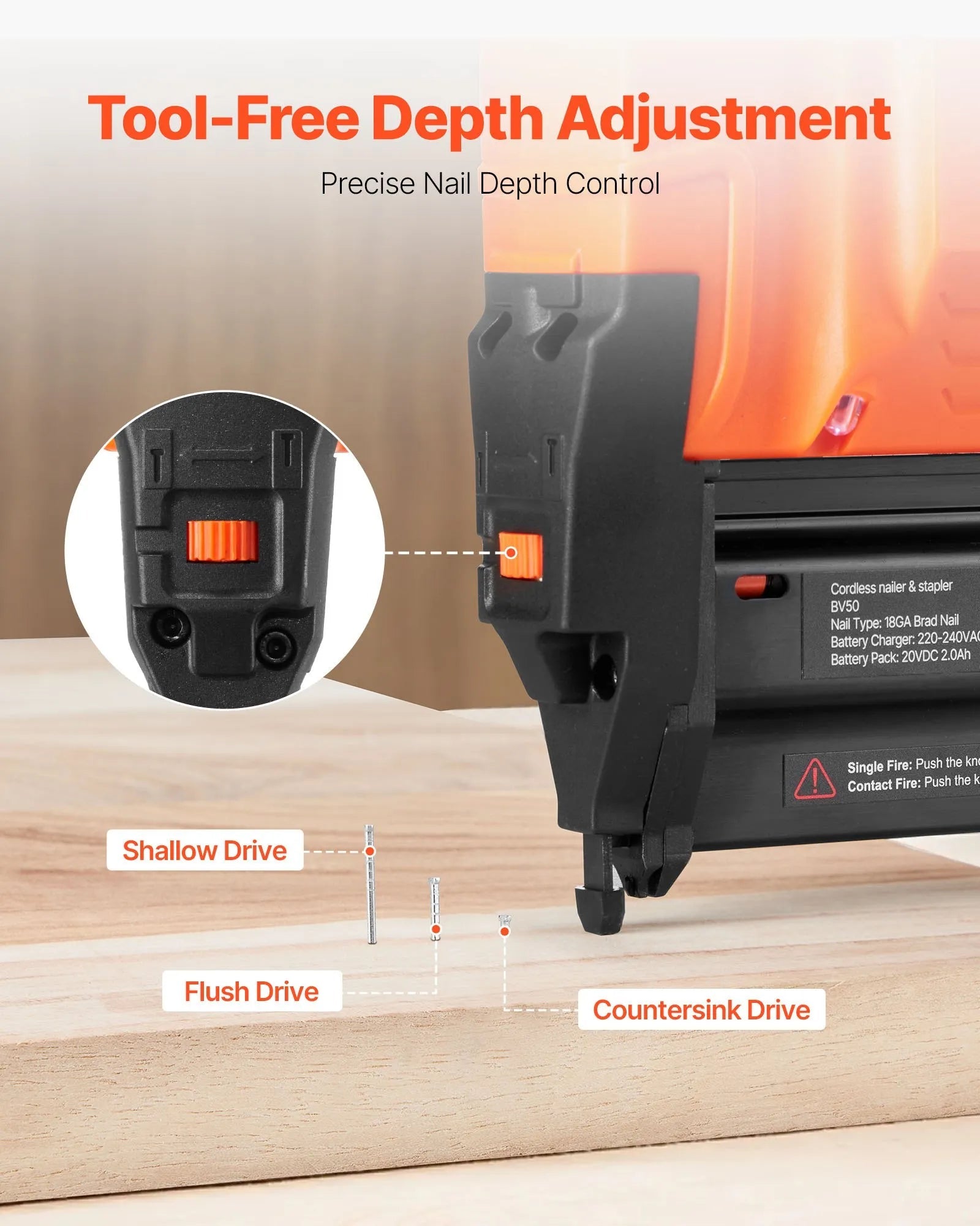 VEVOR Cordless Brad Nailer, 18 Gauge, 20V Battery Powered Nail Gun, with 500 pcs Nails, 2.0 Ah Li-ion Battery and Charger, Adjustable Nailing Depth, for Home Improvement, Woodworking, DIY Project