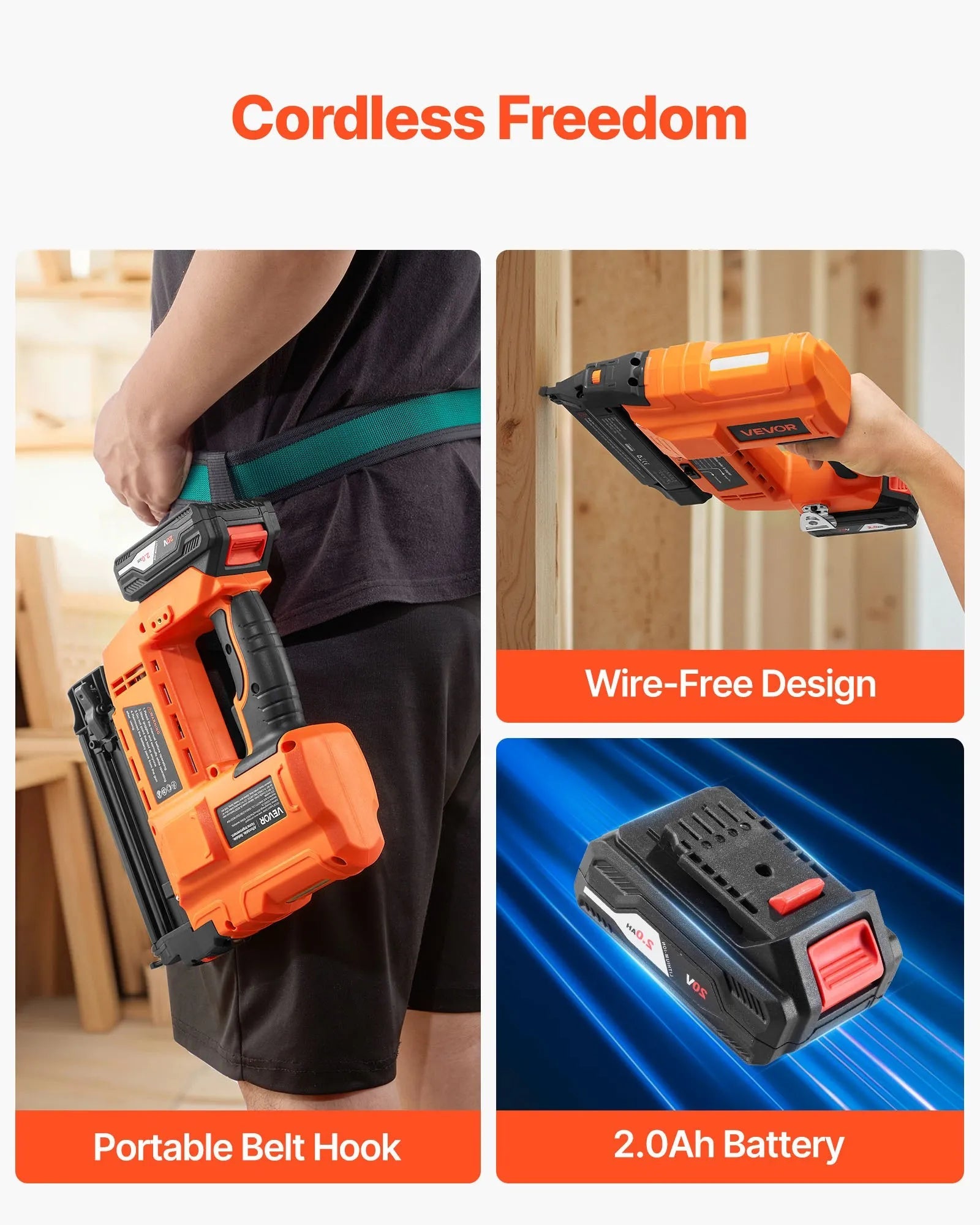 VEVOR Cordless Brad Nailer, 18 Gauge, 20V Battery Powered Nail Gun, with 500 pcs Nails, 2.0 Ah Li-ion Battery and Charger, Adjustable Nailing Depth, for Home Improvement, Woodworking, DIY Project
