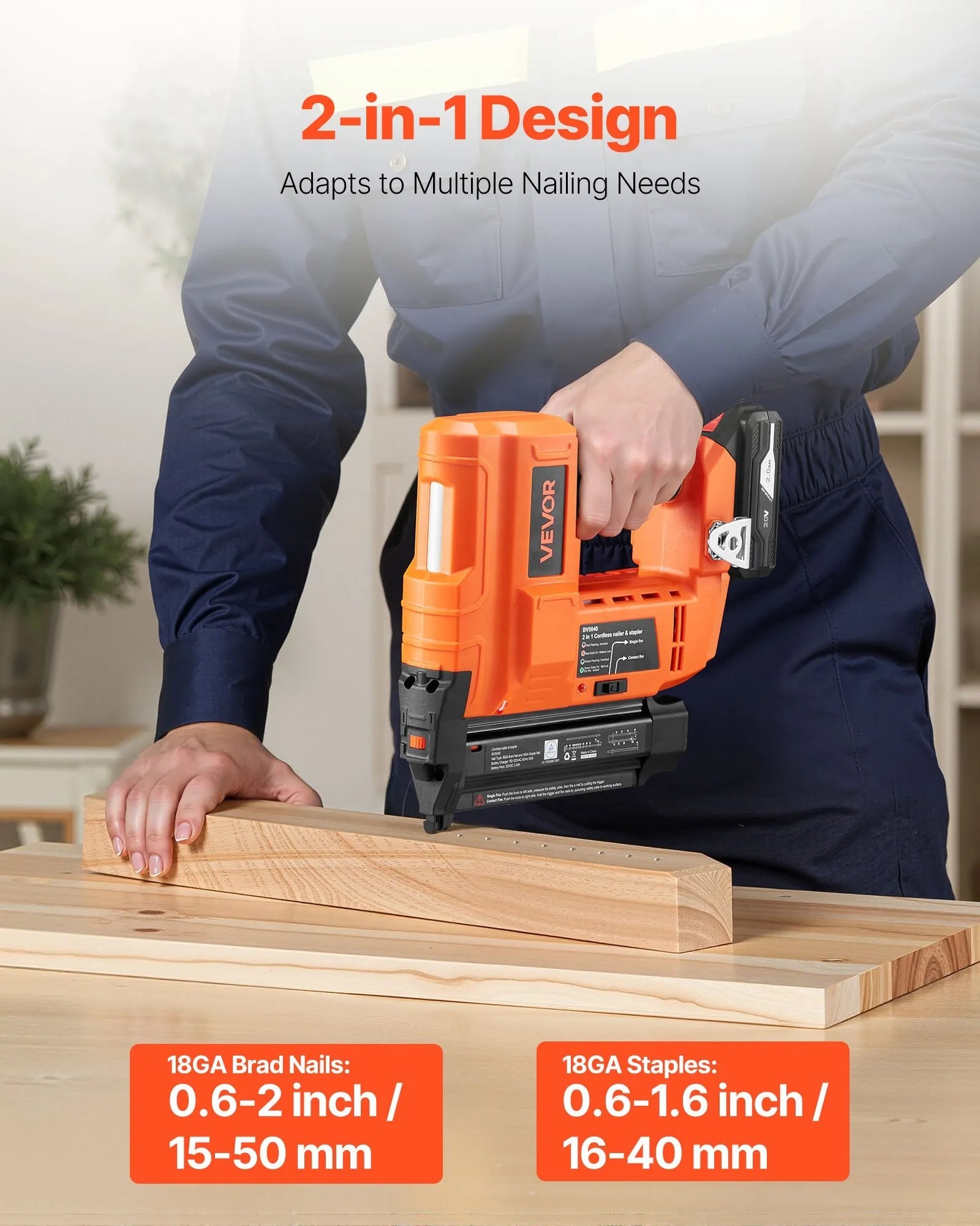 VEVOR 2-in-1 Cordless Brad Nailer, 18 Gauge, 20V Battery Powered Nail Gun and Staple Gun, with 500 pcs Nails, 500 pcs Staples, 2.0 Ah Li-ion Battery and Charger, for Home Improvement, Woodworking