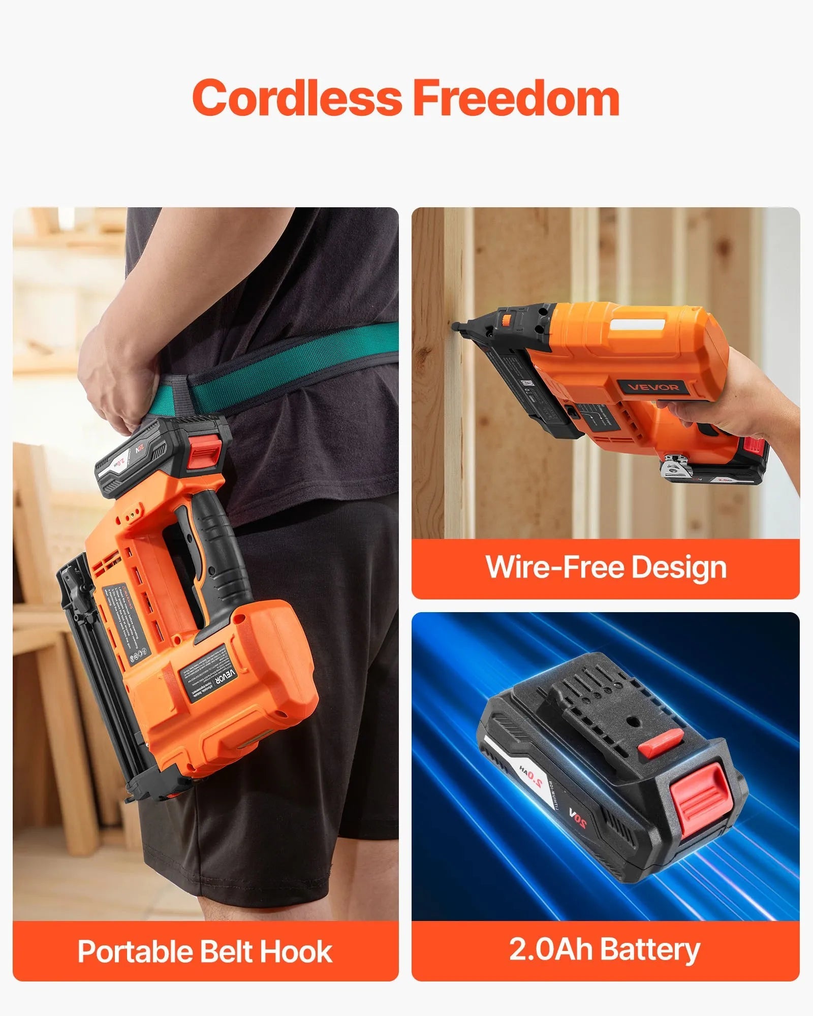 VEVOR 2-in-1 Cordless Brad Nailer, 18 Gauge, 20V Battery Powered Nail Gun and Staple Gun, with 500 pcs Nails, 500 pcs Staples, 2.0 Ah Li-ion Battery and Charger, for Home Improvement, Woodworking