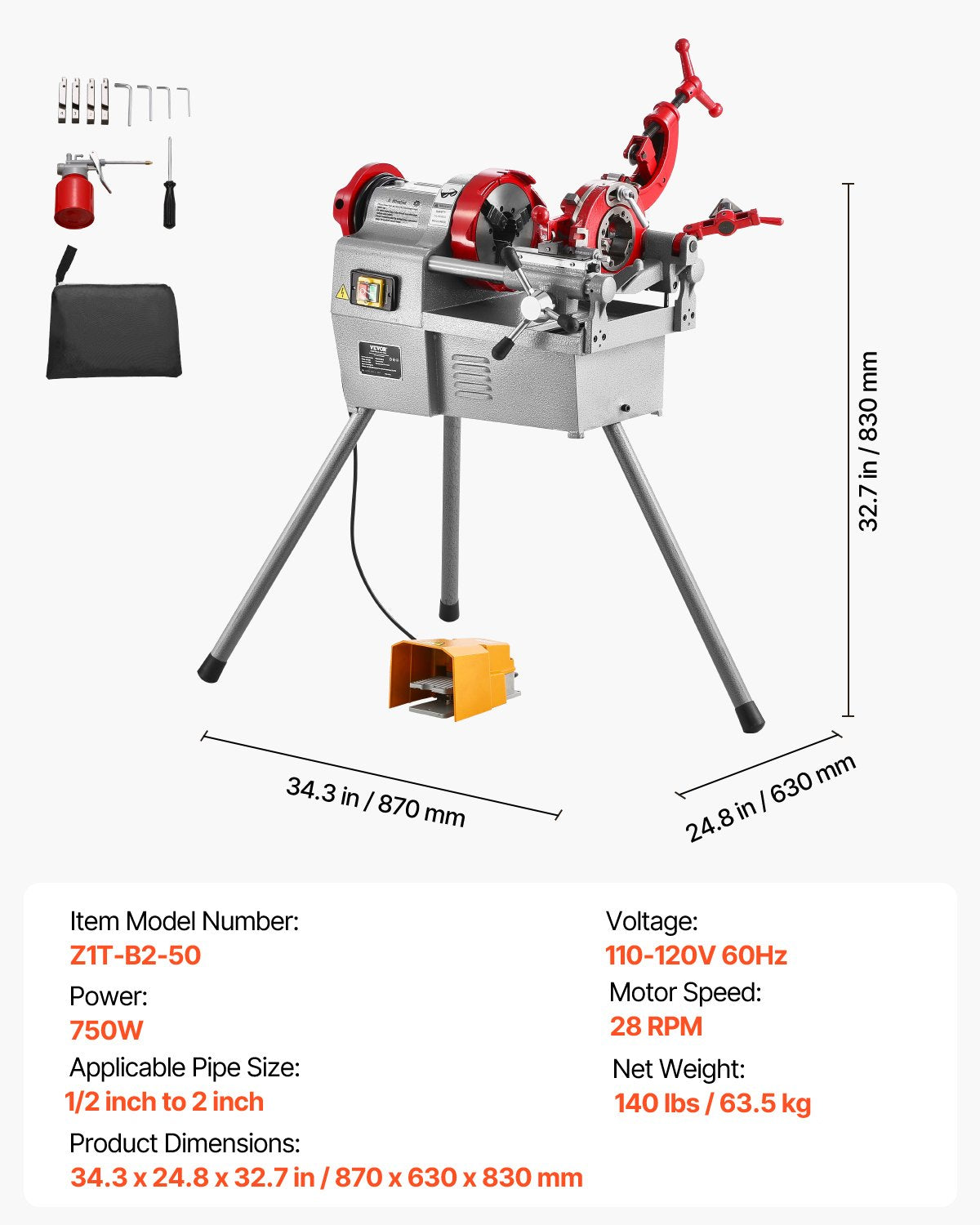 VEVOR Electric Pipe Threader Machine 750W Threading Machine for 1/2" to 2" Pipes