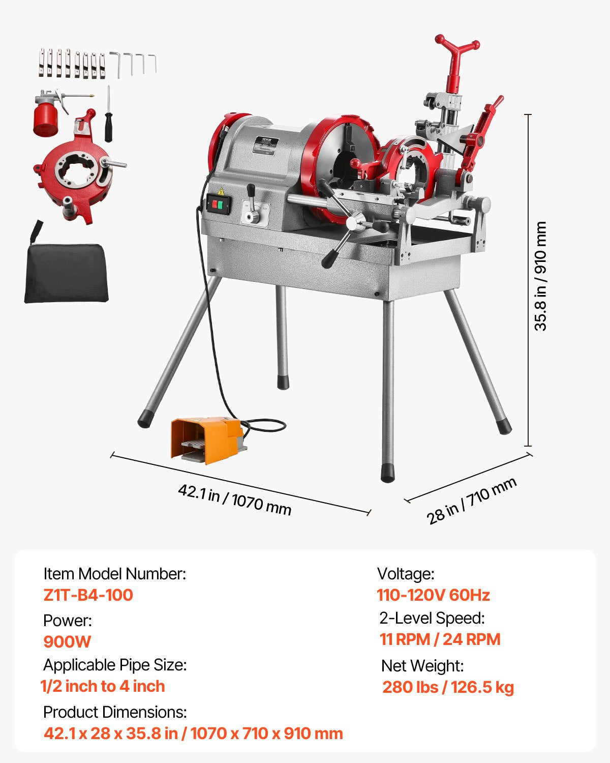 VEVOR Electric Pipe Threader Machine 900W Threading Machine for 1/2" to 4" Pipes