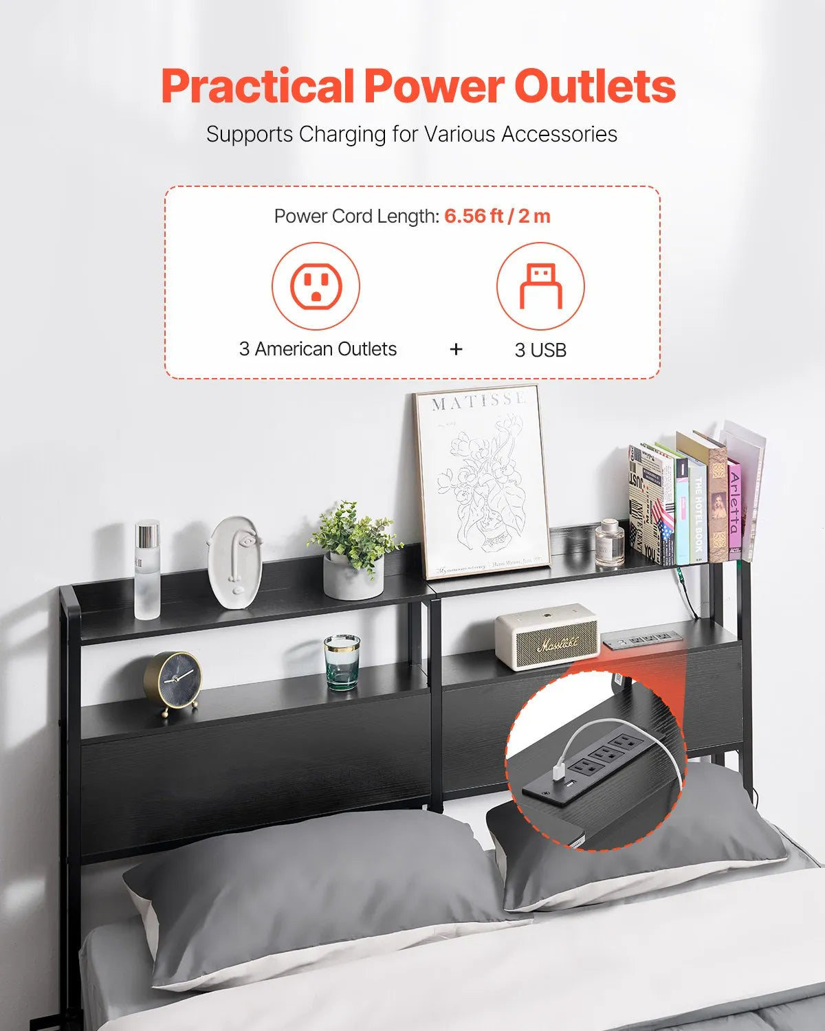 VEVOR Headboard for Queen Size Bed Head Board with 2 Shelves & LED Light Black