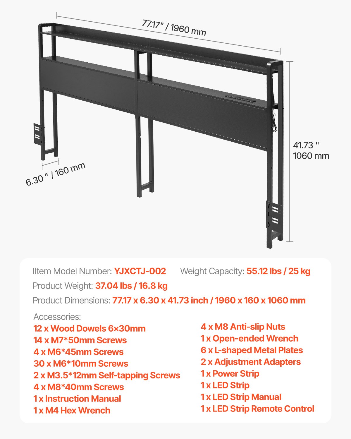 Headboard for King Size Bed Head Board with 2 Shelves & LED Light Black