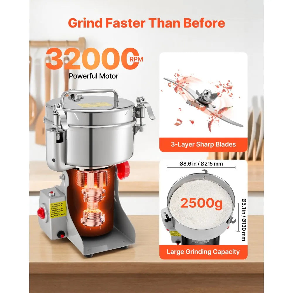2500g Electric Grain Mill Grinder, 3400W High-Speed Dry Grinder