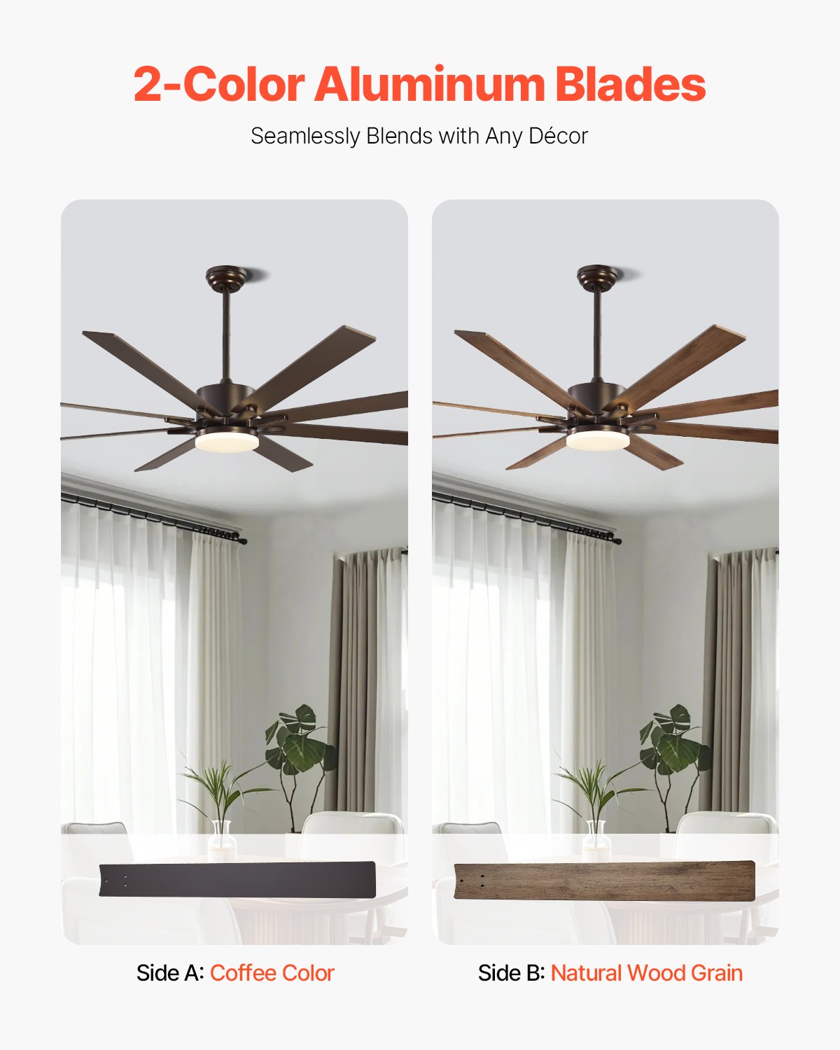 VEVOR 72In Ceiling Fan with Light 6-Speed Remote Control Reversible Motor Coffee