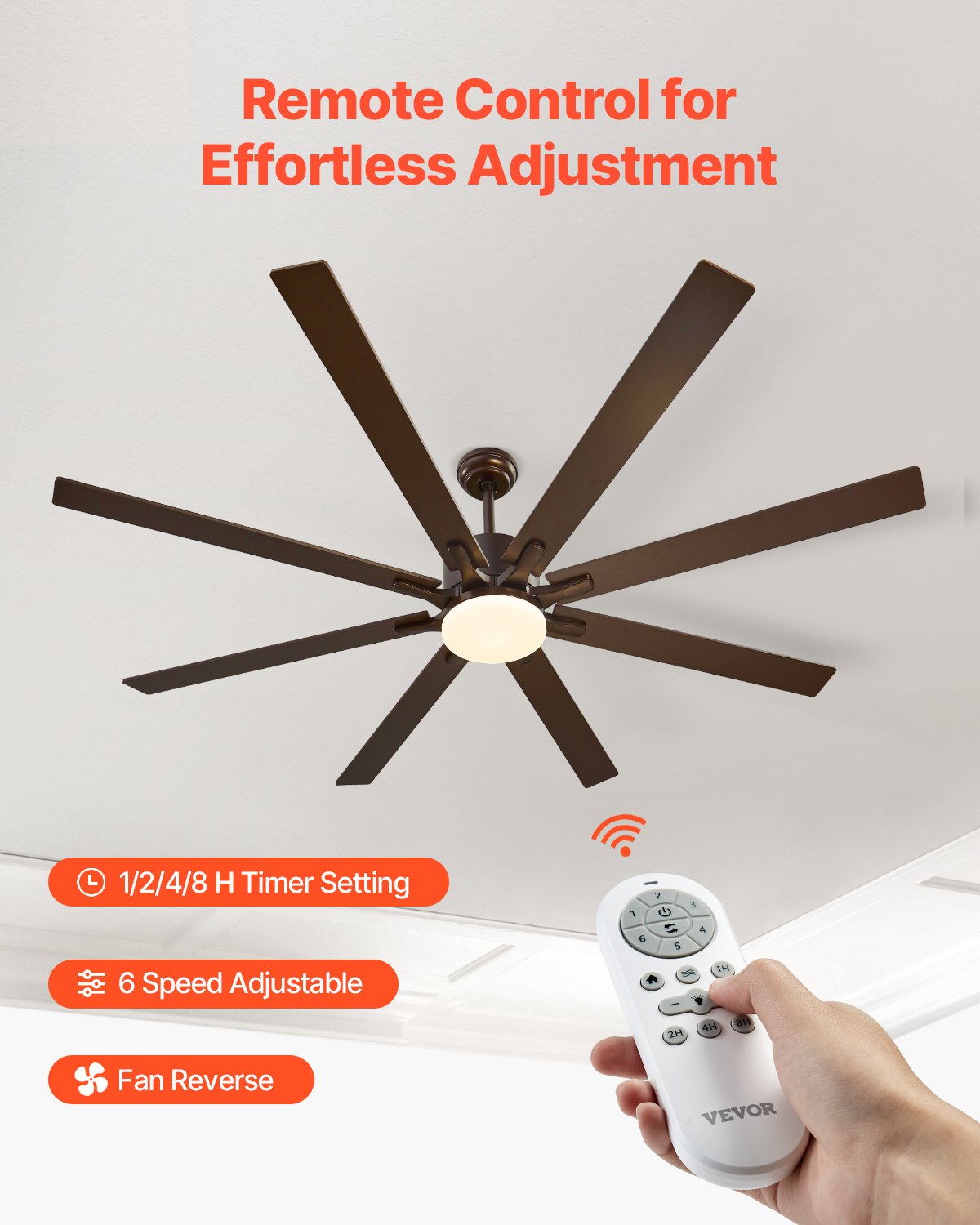 VEVOR 72In Ceiling Fan with Light 6-Speed Remote Control Reversible Motor Coffee