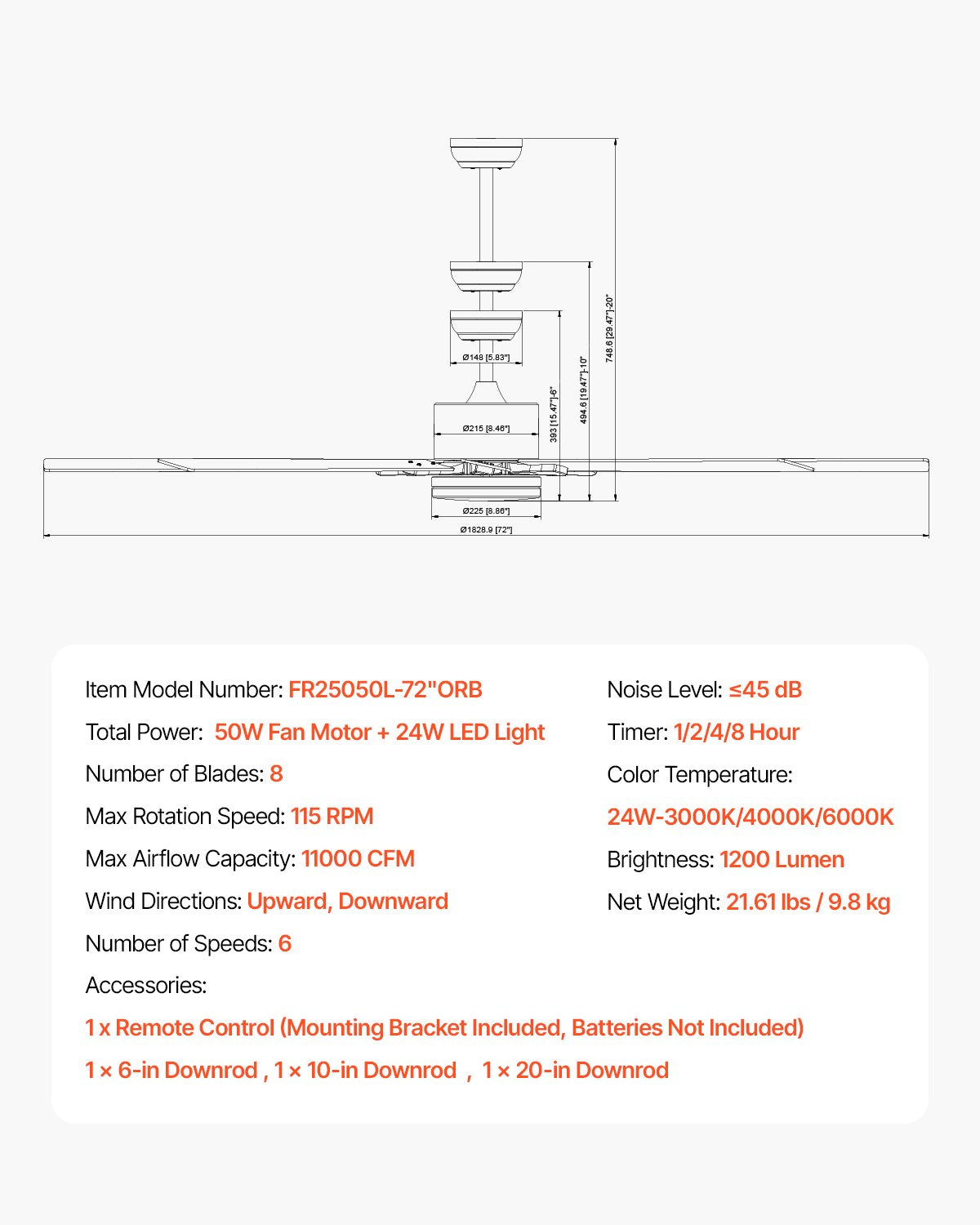 VEVOR 72In Ceiling Fan with Light 6-Speed Remote Control Reversible Motor Coffee