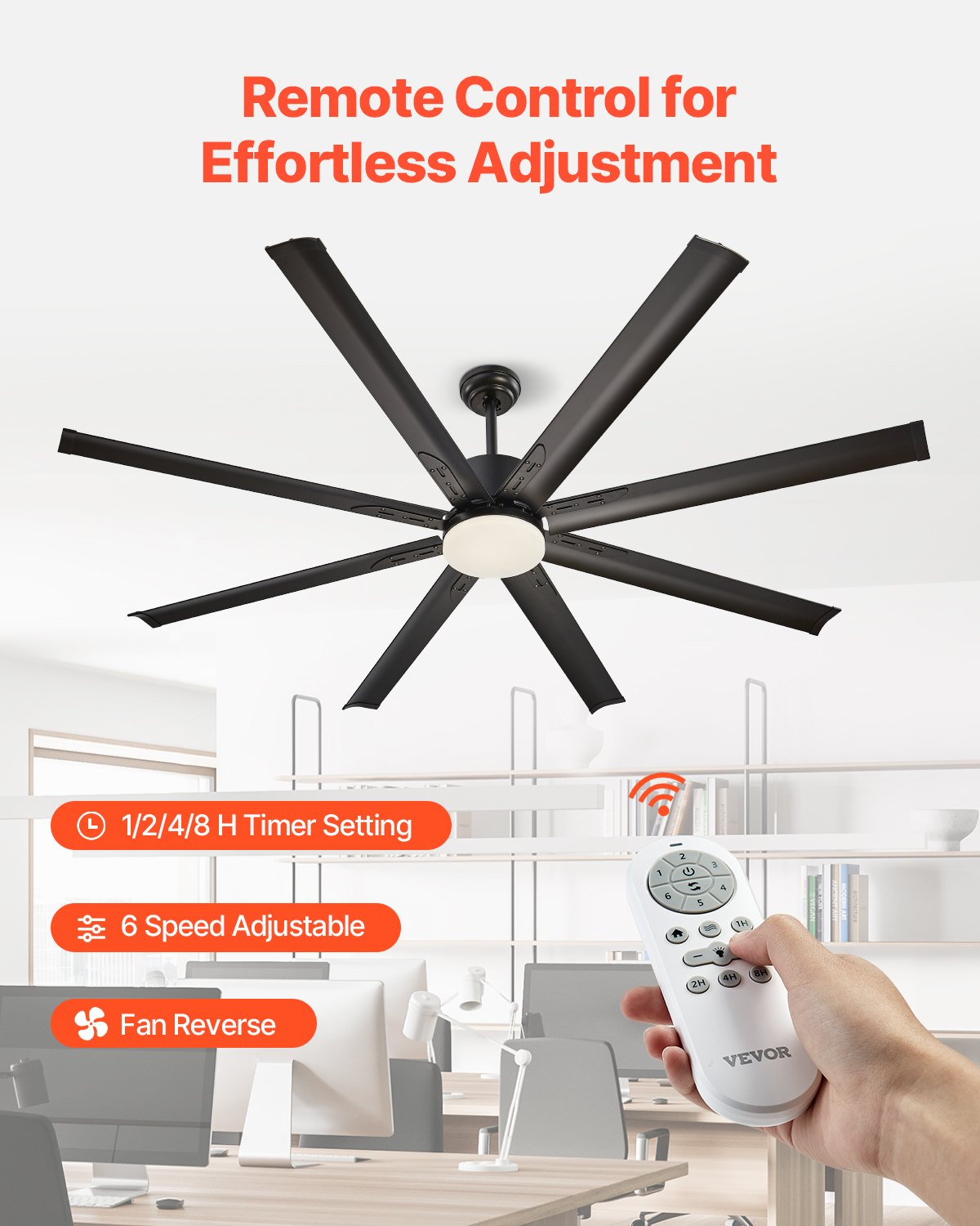 VEVOR 72 In Ceiling Fan with Light 6-Speed Remote Control Reversible Motor Black