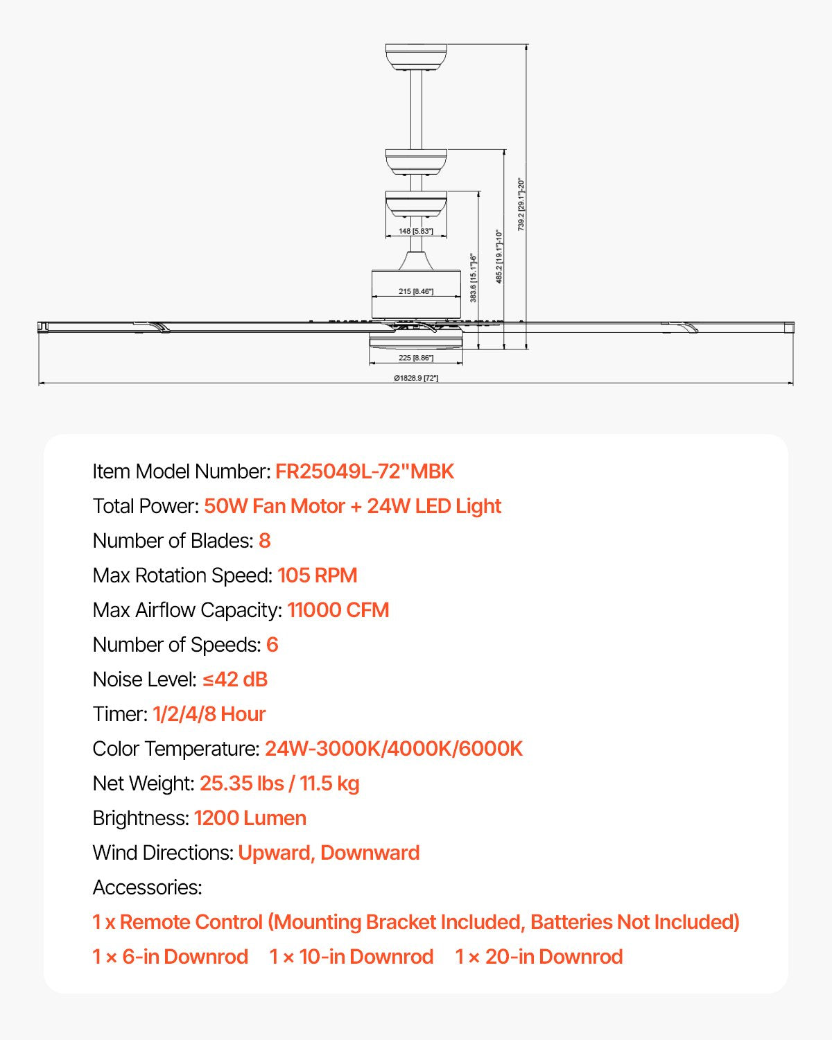 VEVOR 72 In Ceiling Fan with Light 6-Speed Remote Control Reversible Motor Black
