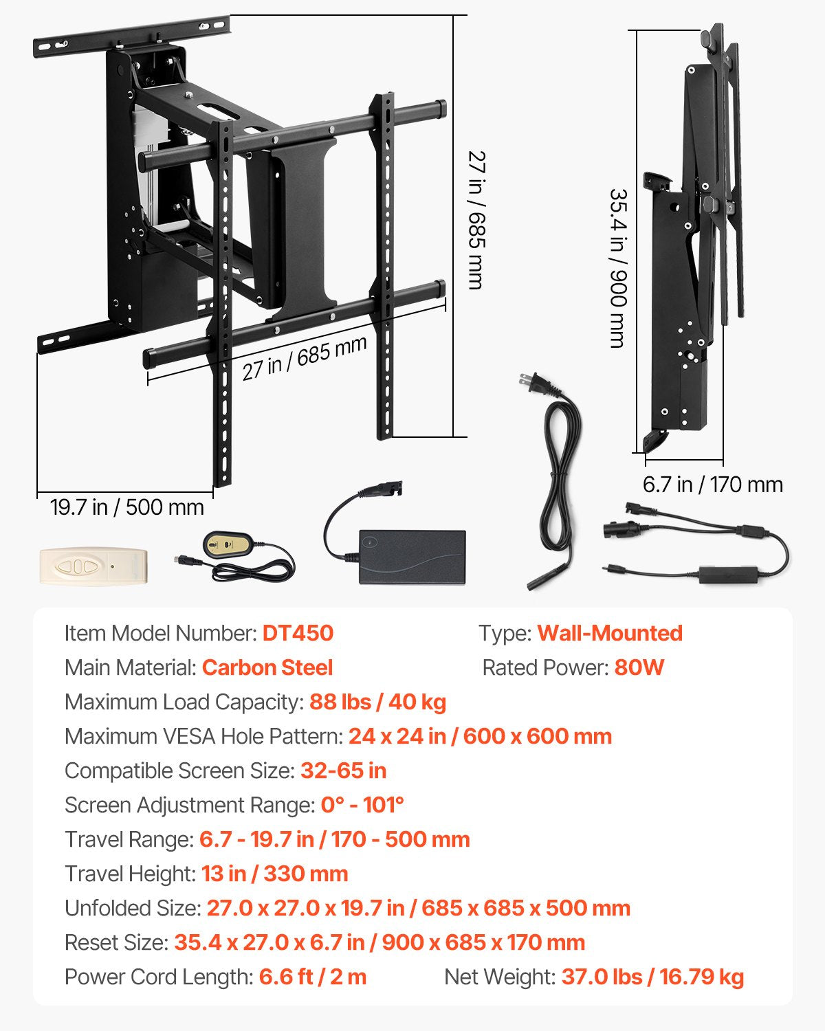 VEVOR Motorized TV Wall Mount, 32-65 in Electric Fireplace TV Wall Mount Black