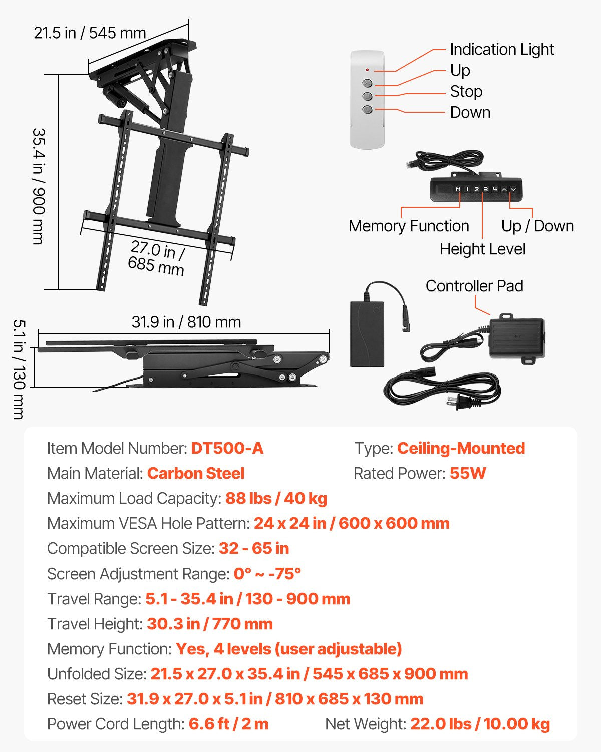 VEVOR Motorized Ceiling TV Mount Electric Flip Down TV Mount for 32-65 in Screen