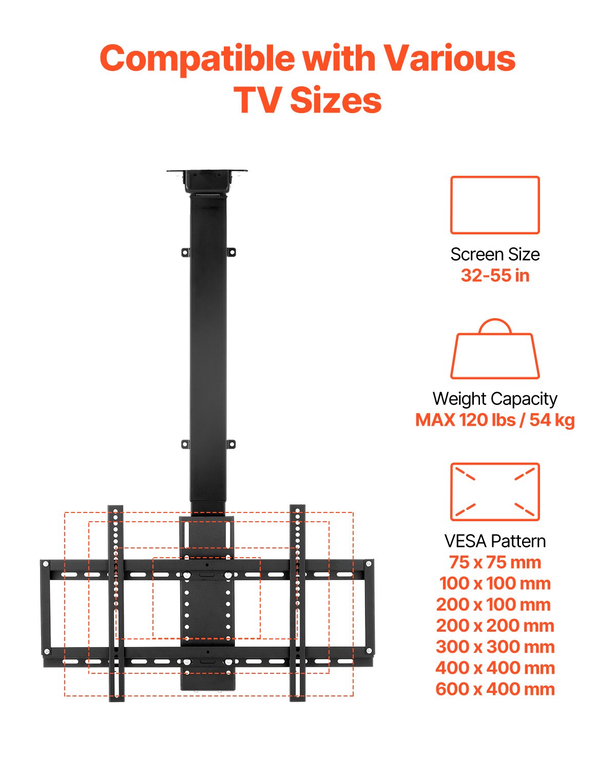 VEVOR Motorized Ceiling TV Mount 32-55 in Screen Electric Adjustable TV Mount