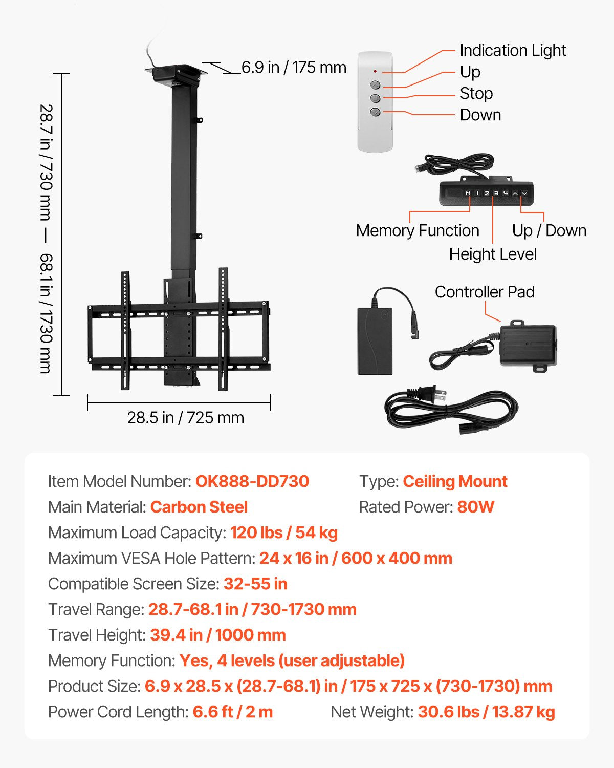 VEVOR Motorized Ceiling TV Mount 32-55 in Screen Electric Adjustable TV Mount